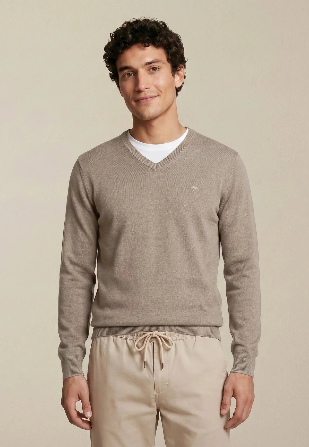 Fynch-Hatton Fine Knit Cotton V-Neck Sweater Taupe | Northern Threads Designer Menswear