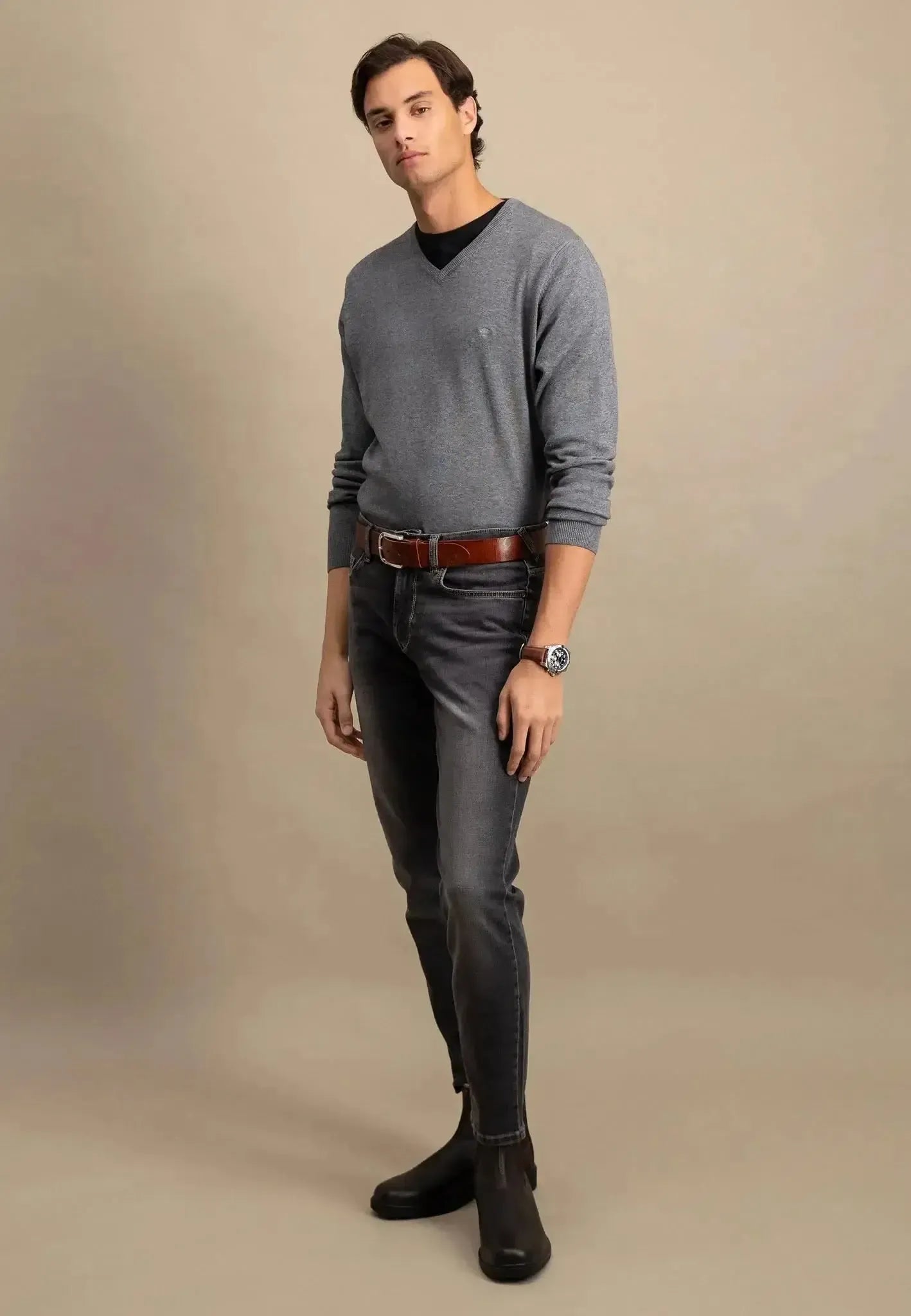 Fynch - Hatton Fine Knit V - Neck Cotton Knit Steel - SFPK211-936-S - northern threads uk