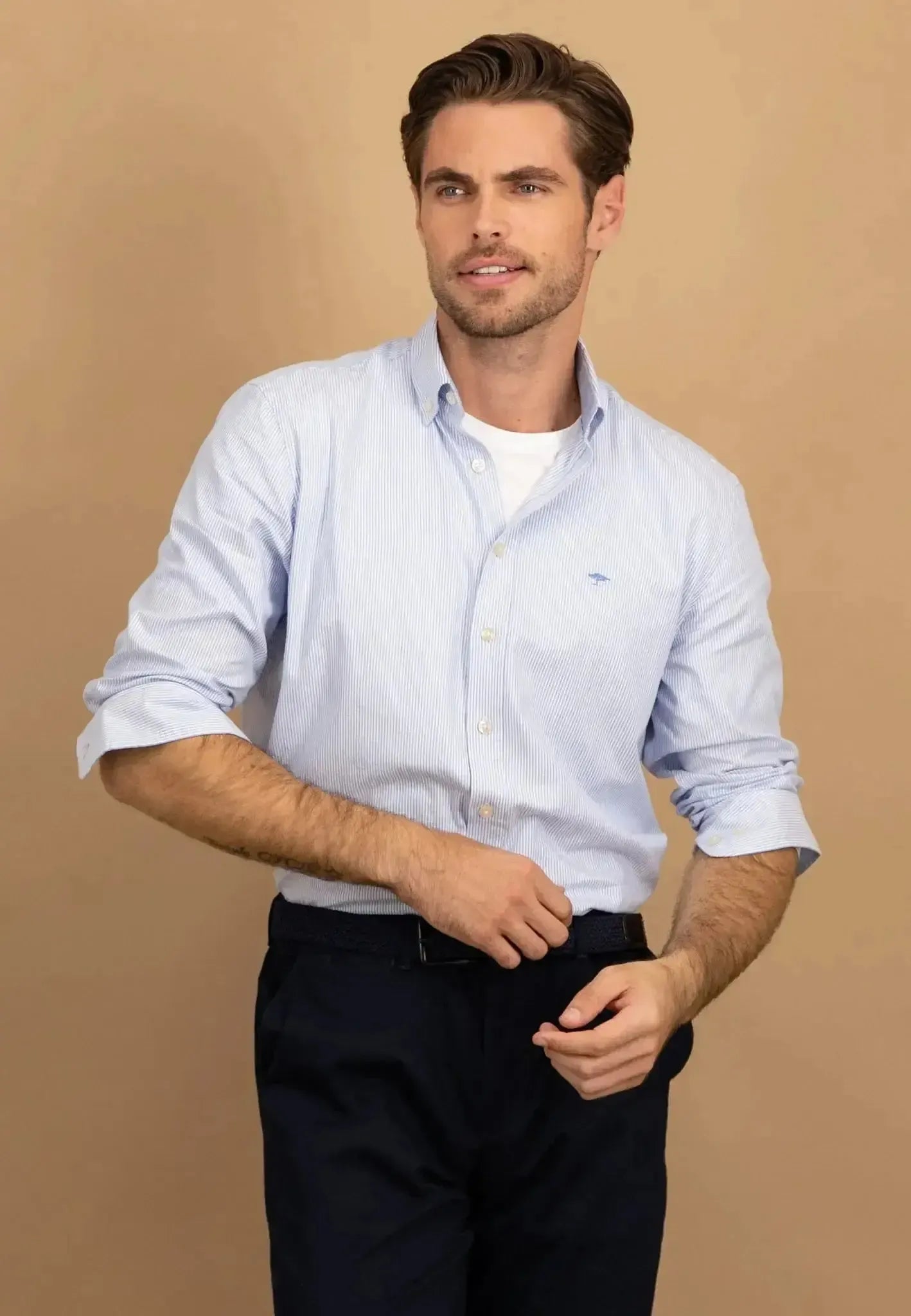Fynch - Hatton Fine Oxford Stripe Button Down Shirt Crystal Blue - northern threads
