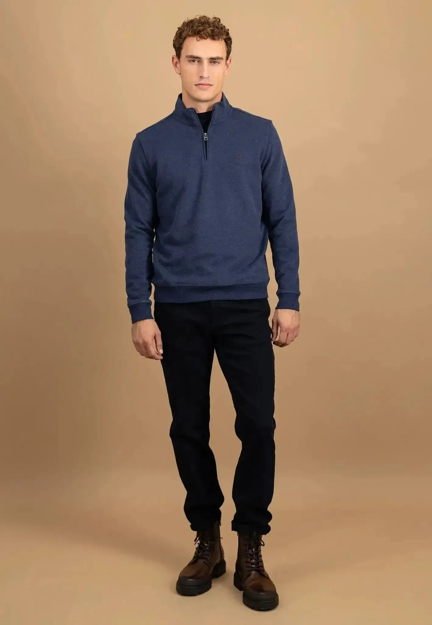 FYNCH-HATTON-Fynch-Hatton 1/4 Zip Stand Collar Cotton Sweat Midnight-NORTHERN THREADS DESIGNER MENSWEAR