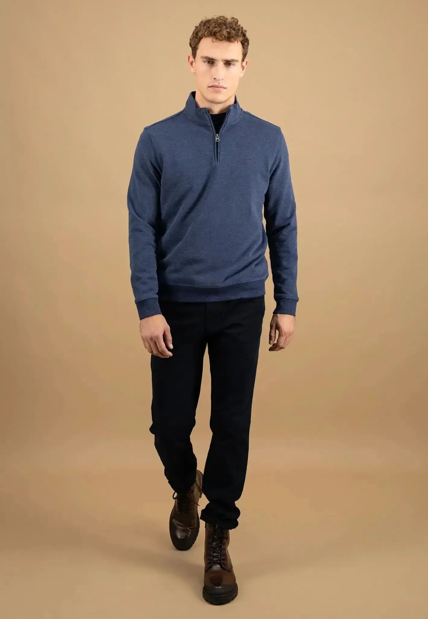 FYNCH-HATTON-Fynch-Hatton 1/4 Zip Stand Collar Cotton Sweat Midnight-NORTHERN THREADS DESIGNER MENSWEAR