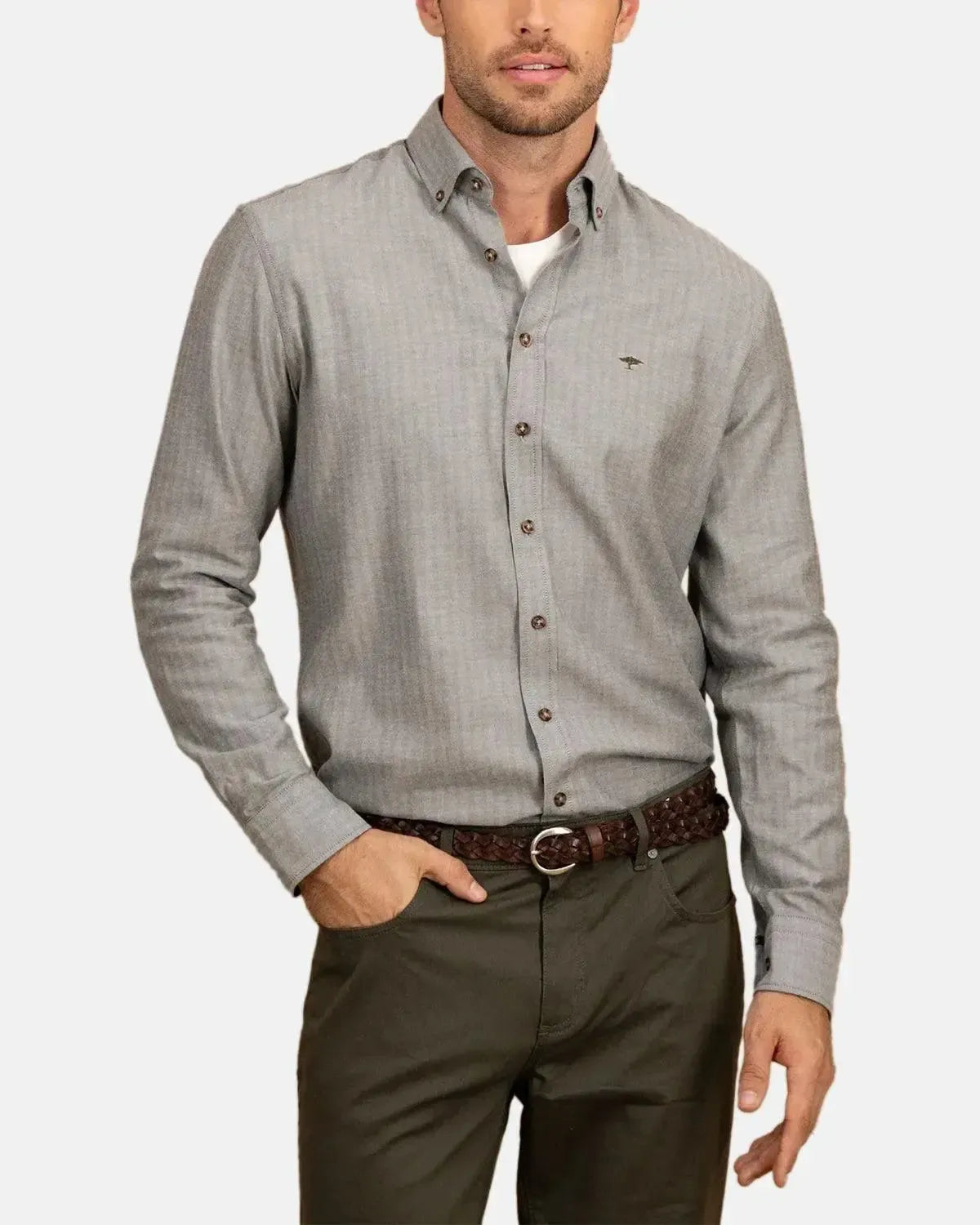 FYNCH-HATTON-FYNCH-HATTON BD HERRINGBONE FLANNEL SHIRT DARK IVY-NORTHERN THREADS DESIGNER MENSWEAR