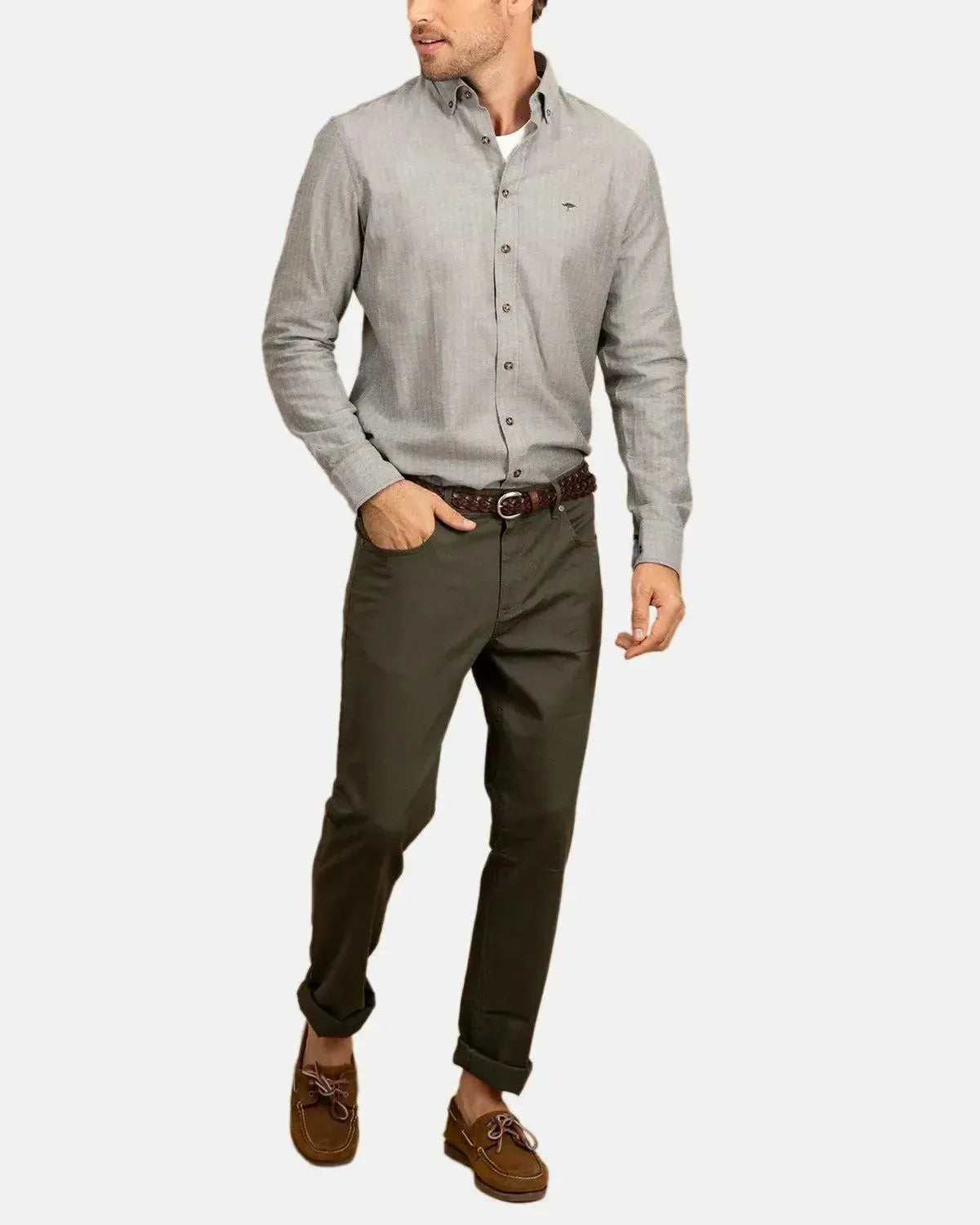 FYNCH-HATTON-FYNCH-HATTON BD HERRINGBONE FLANNEL SHIRT DARK IVY-NORTHERN THREADS DESIGNER MENSWEAR