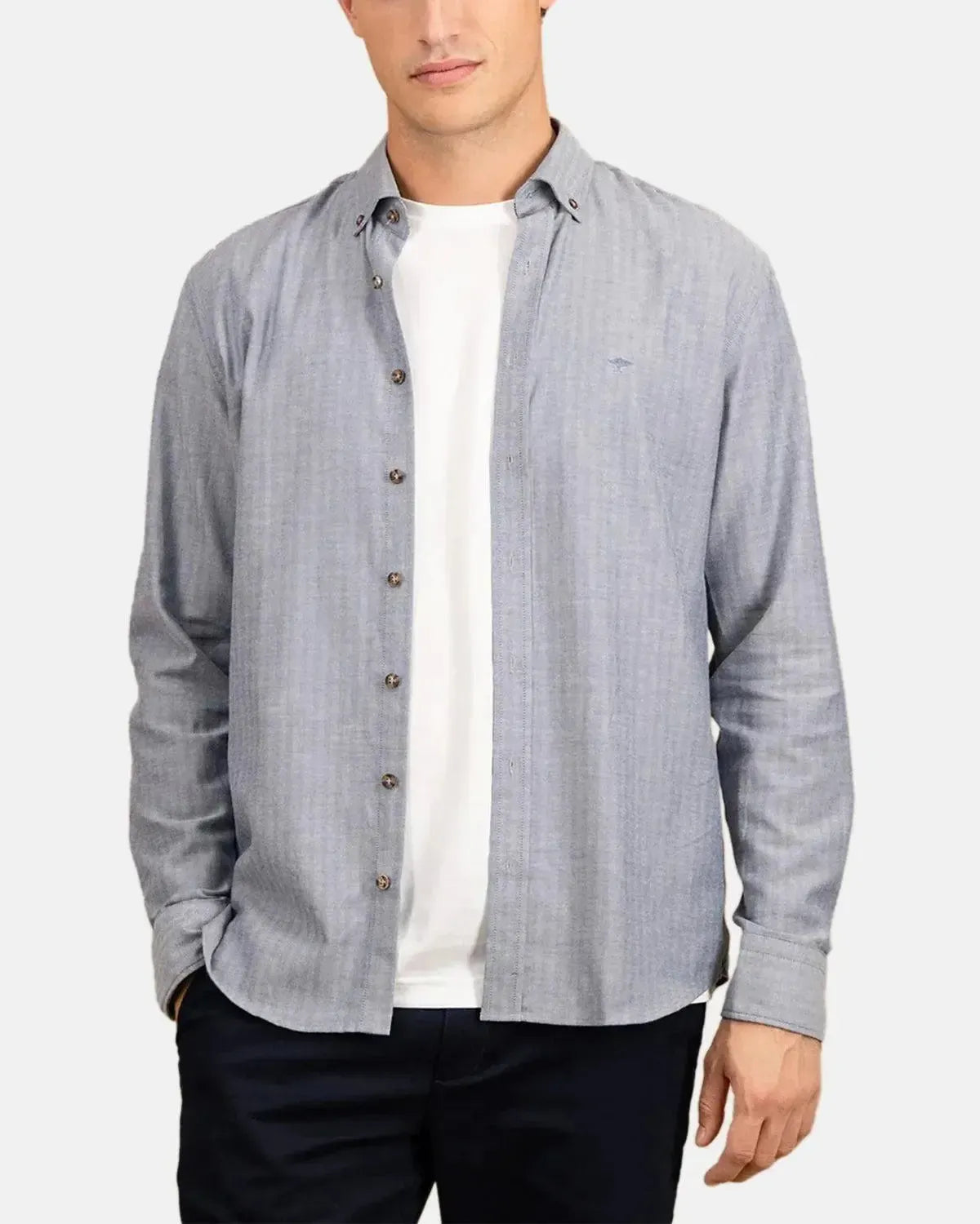FYNCH-HATTON-FYNCH-HATTON BD HERRINGBONE FLANNEL SHIRT NAVY-NORTHERN THREADS DESIGNER MENSWEAR