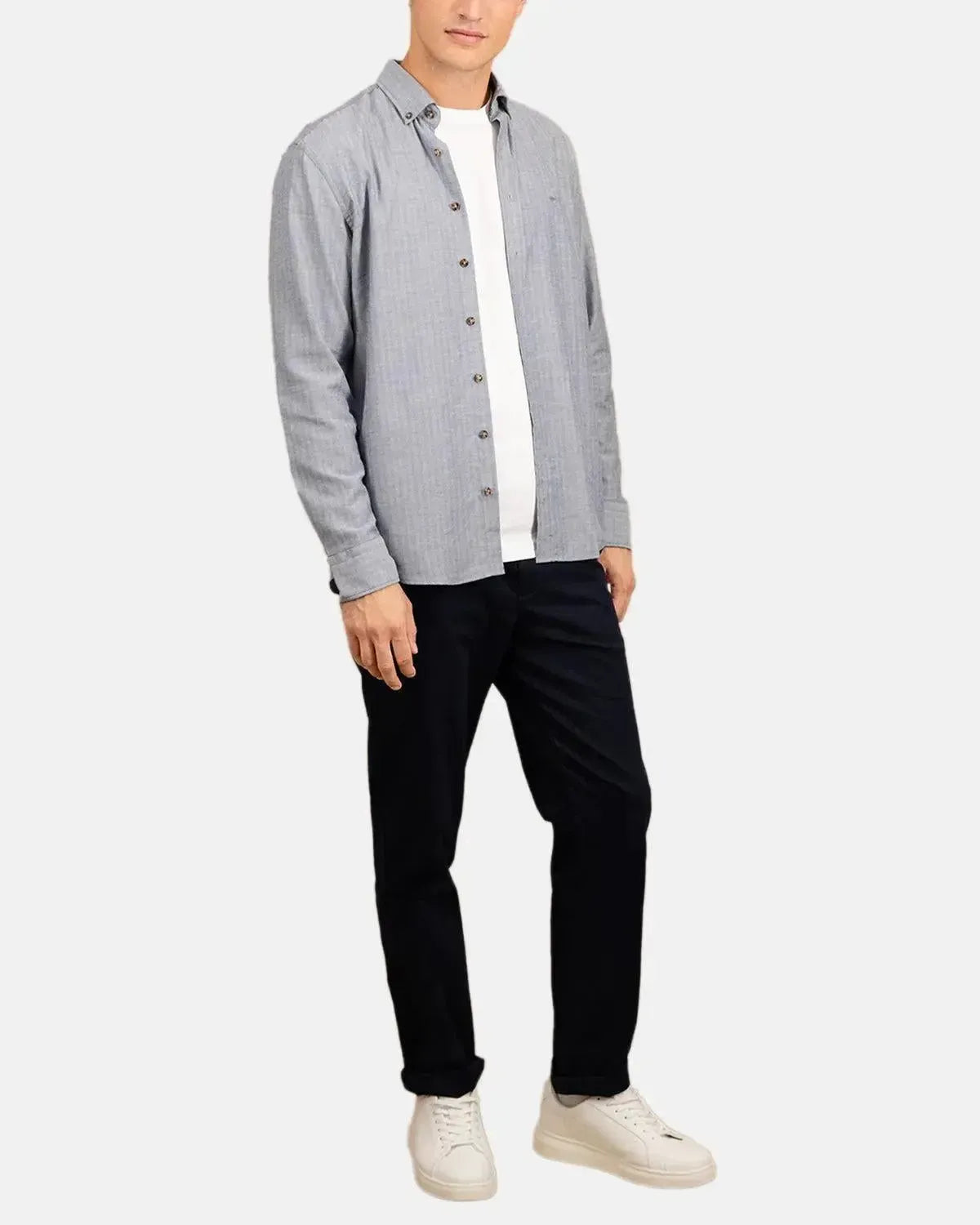 FYNCH-HATTON-FYNCH-HATTON BD HERRINGBONE FLANNEL SHIRT NAVY-NORTHERN THREADS DESIGNER MENSWEAR