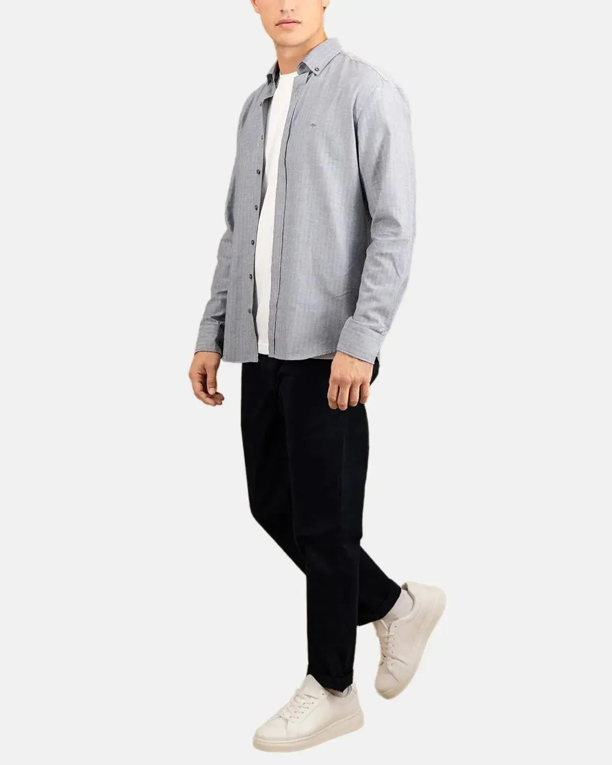 FYNCH-HATTON-FYNCH-HATTON BD HERRINGBONE FLANNEL SHIRT NAVY-NORTHERN THREADS DESIGNER MENSWEAR
