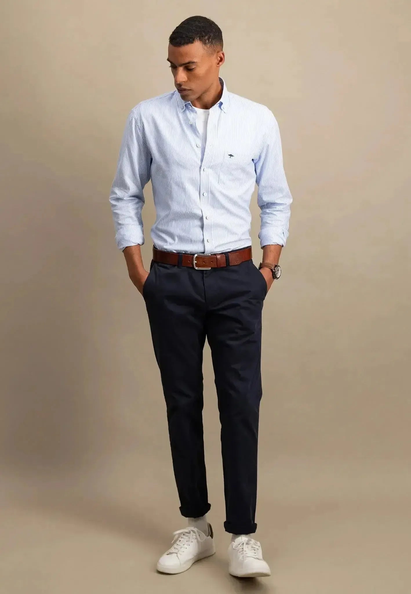 FYNCH-HATTON-Fynch-Hatton Button Down Oxford Shirt Light Blue Stripe-NORTHERN THREADS DESIGNER MENSWEAR