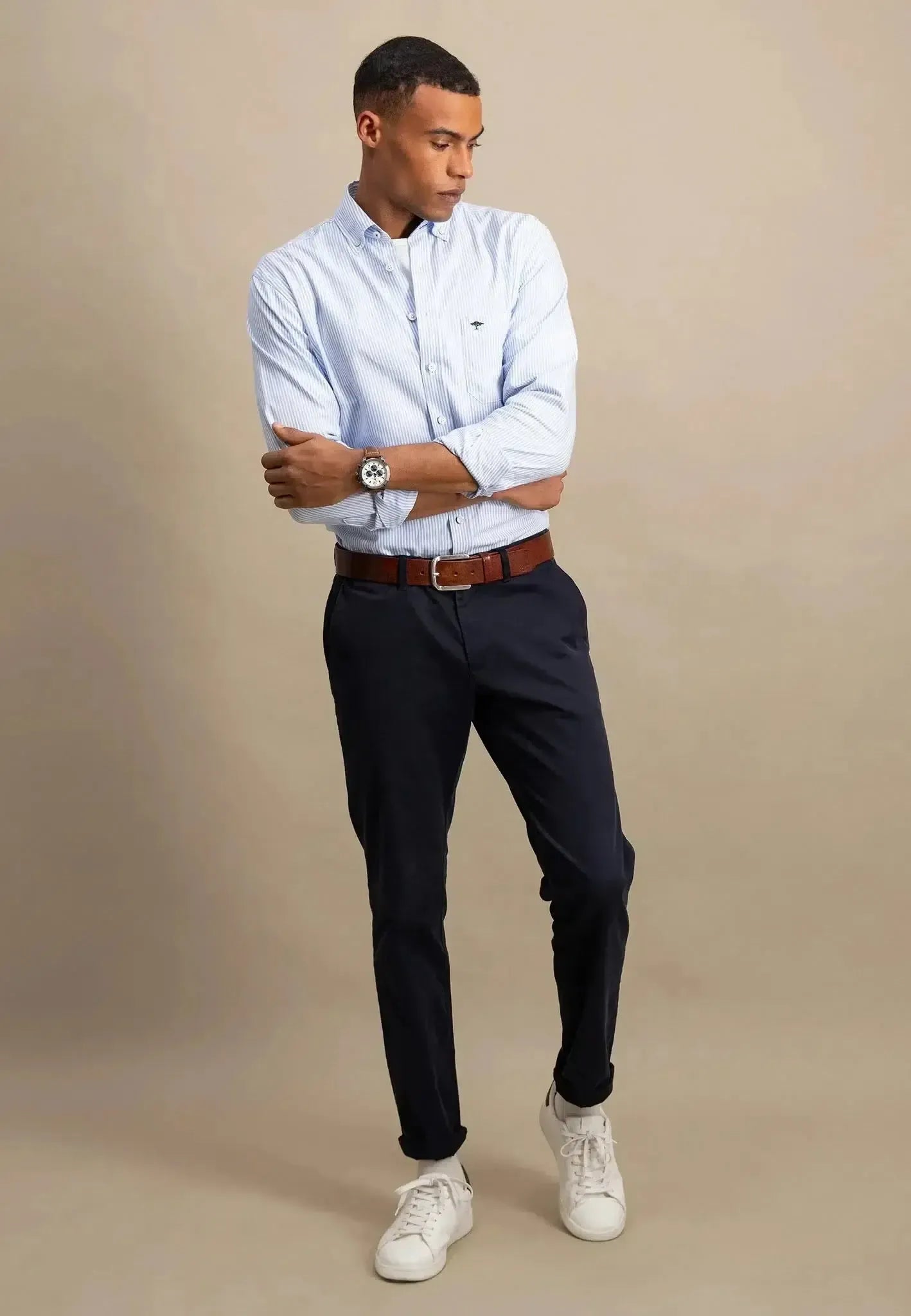 FYNCH-HATTON-Fynch-Hatton Button Down Oxford Shirt Light Blue Stripe-NORTHERN THREADS DESIGNER MENSWEAR