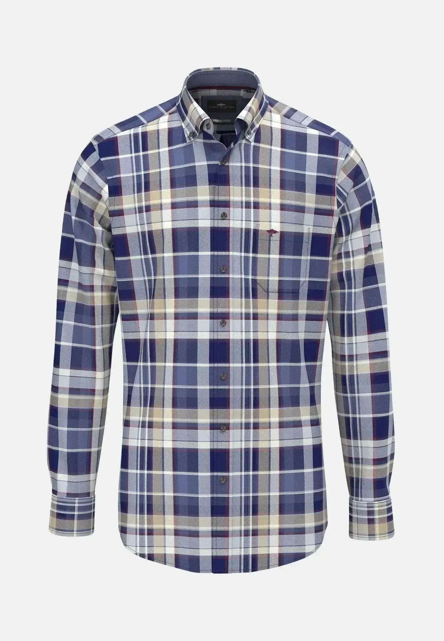 FYNCH-HATTON-Fynch-Hatton Colourful Check Button Down Flannel Shirt Misty Blue-NORTHERN THREADS DESIGNER MENSWEAR