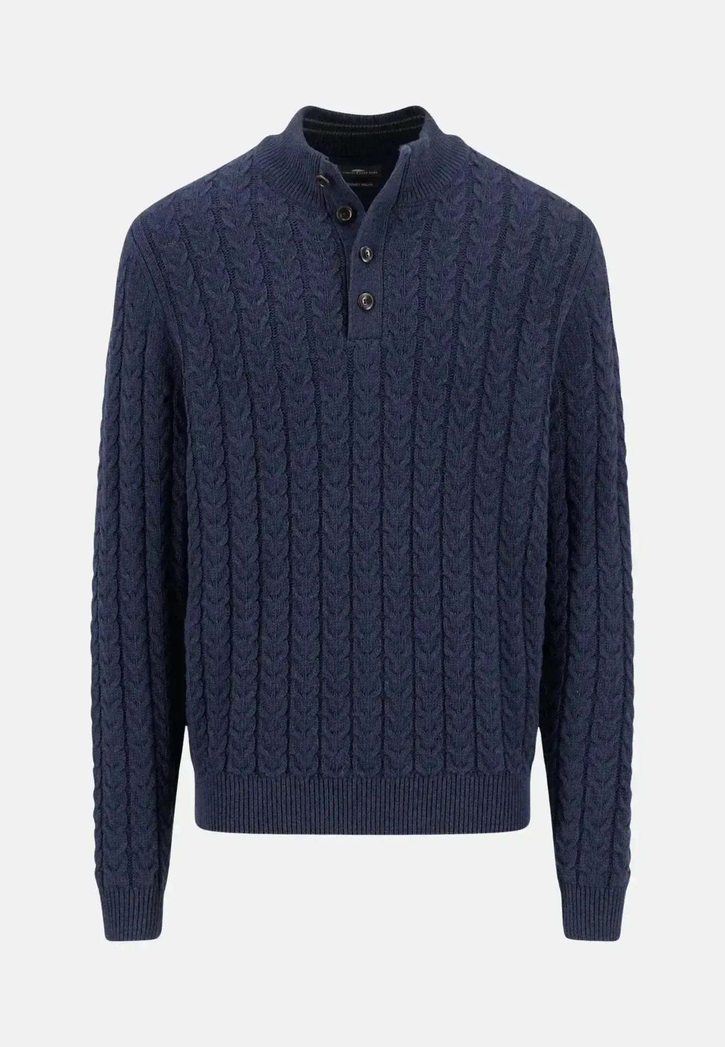 FYNCH-HATTON-Fynch-Hatton Cotton-Wool Button Neck Cable Knit Sweater Navy-NORTHERN THREADS DESIGNER MENSWEAR