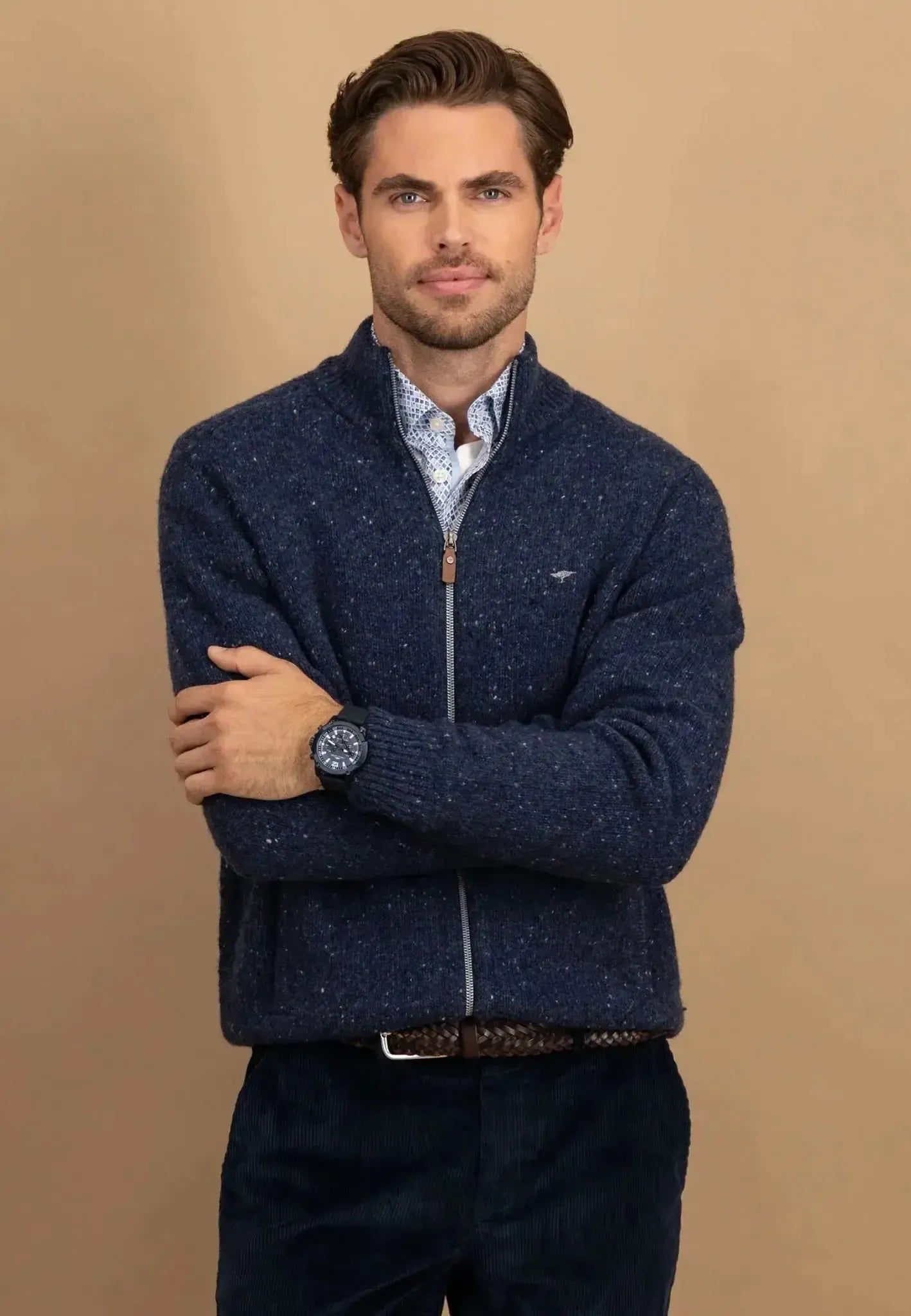FYNCH-HATTON-Fynch-Hatton Donegal Wool Zip Cardigan Navy-NORTHERN THREADS DESIGNER MENSWEAR