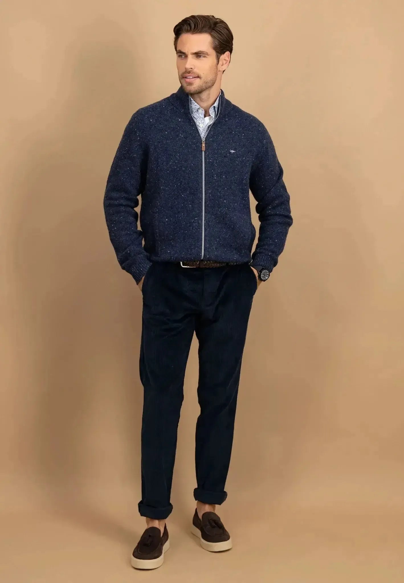 FYNCH-HATTON-Fynch-Hatton Donegal Wool Zip Cardigan Navy-NORTHERN THREADS DESIGNER MENSWEAR