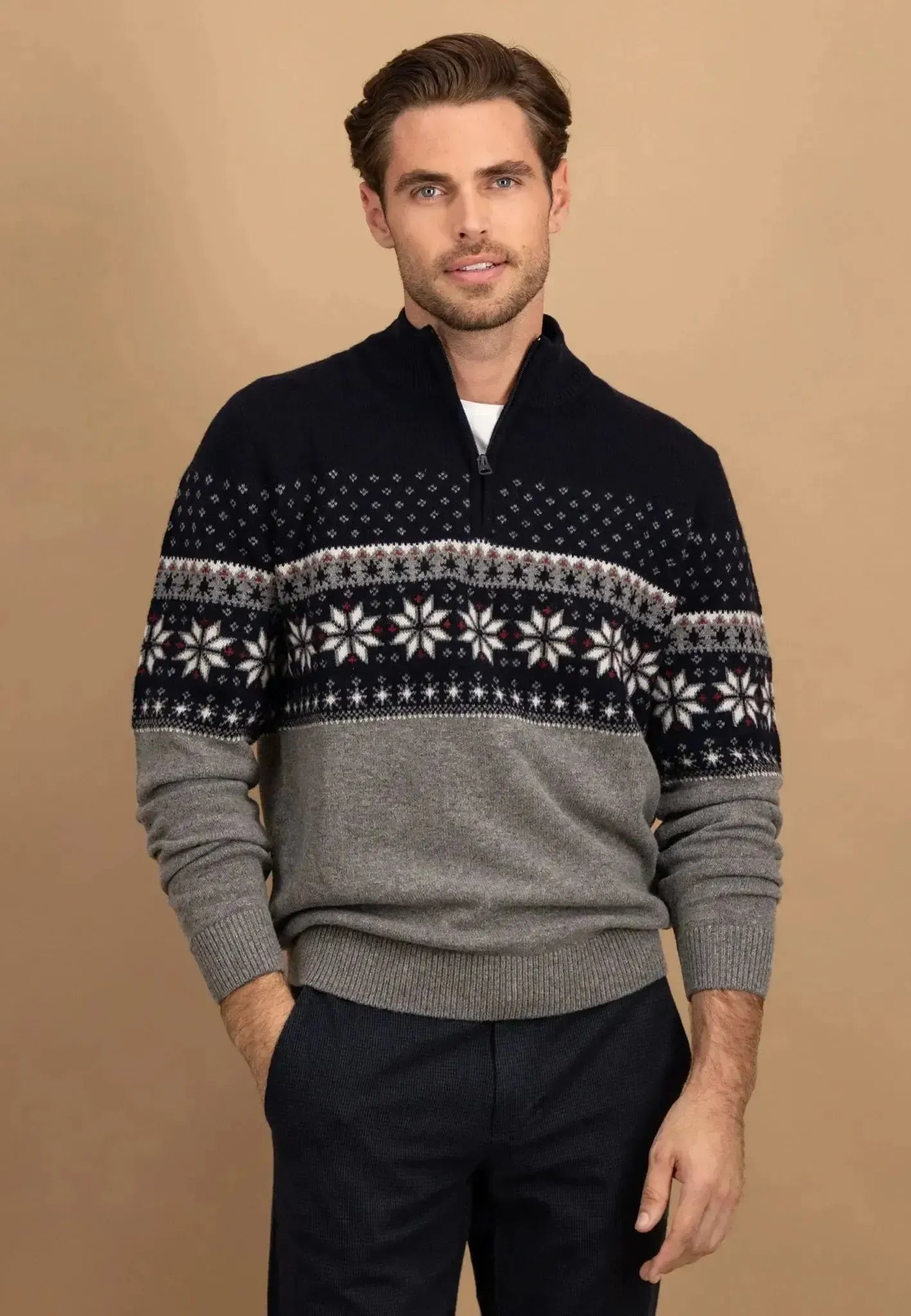 FYNCH-HATTON-Fynch-Hatton Fair Isle Lambswool 1/4 Zip Knit Navy-NORTHERN THREADS DESIGNER MENSWEAR