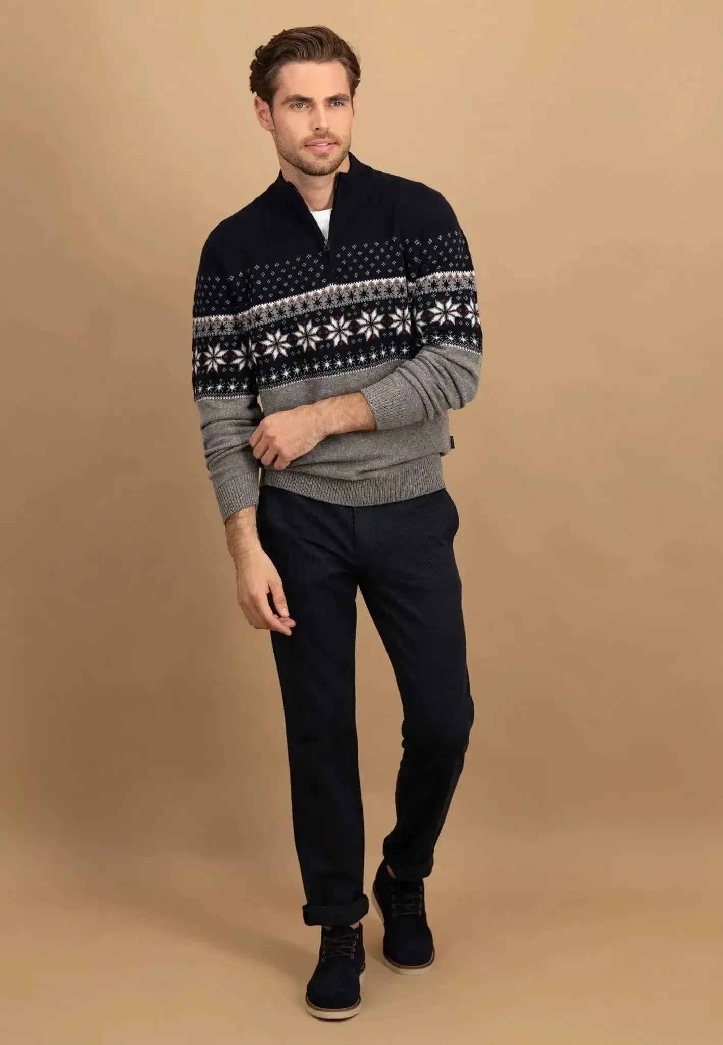 FYNCH-HATTON-Fynch-Hatton Fair Isle Lambswool 1/4 Zip Knit Navy-NORTHERN THREADS DESIGNER MENSWEAR