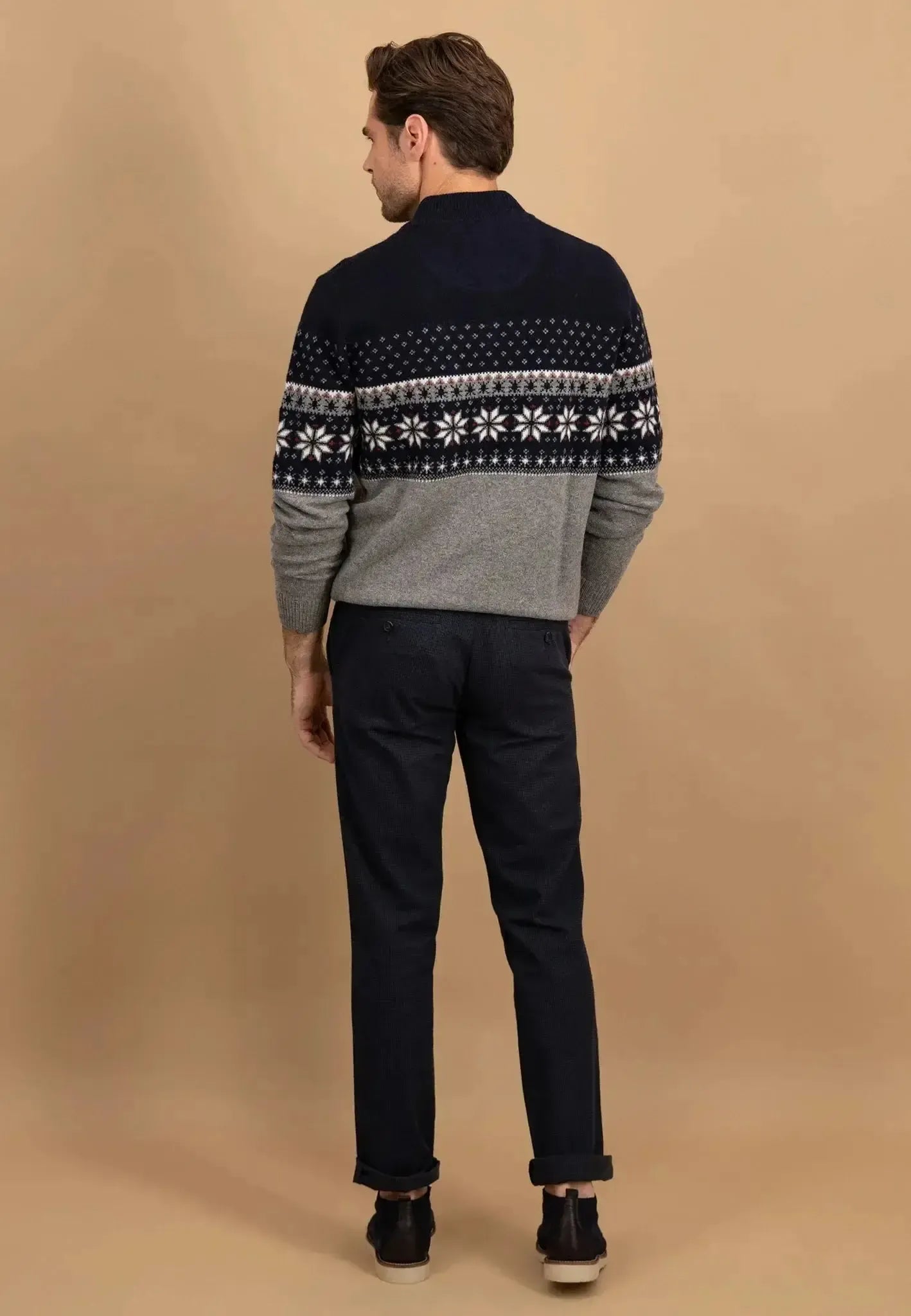 FYNCH-HATTON-Fynch-Hatton Fair Isle Lambswool 1/4 Zip Knit Navy-NORTHERN THREADS DESIGNER MENSWEAR