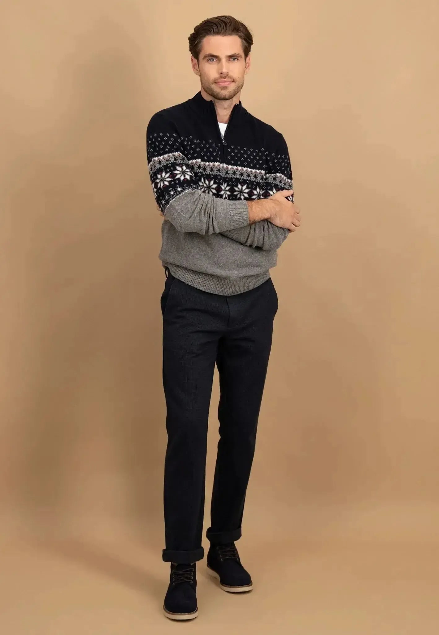 FYNCH-HATTON-Fynch-Hatton Fair Isle Lambswool 1/4 Zip Knit Navy-NORTHERN THREADS DESIGNER MENSWEAR