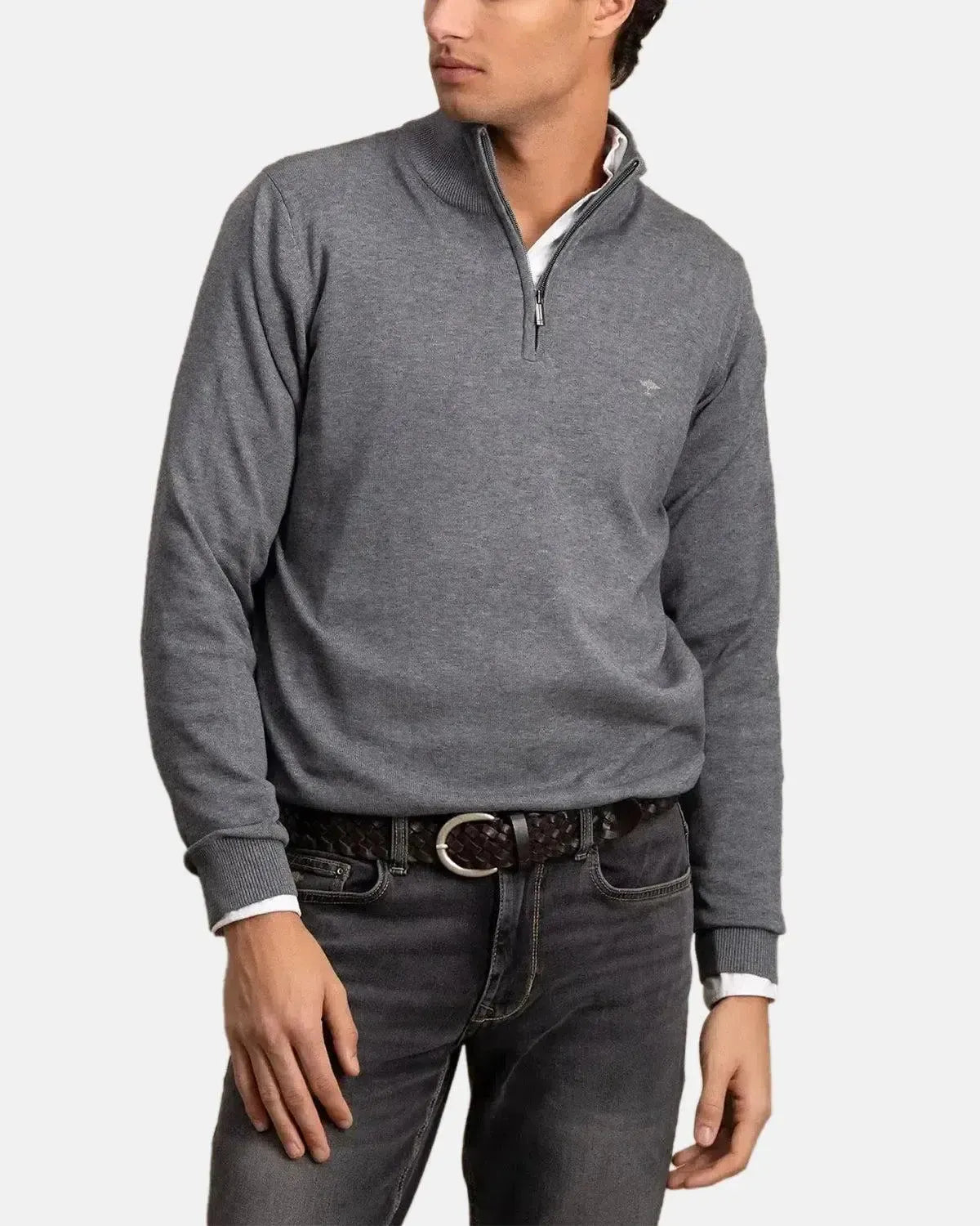 FYNCH-HATTON-FYNCH-HATTON FINE KNIT 1/4 ZIP COTTON KNIT STEEL-NORTHERN THREADS DESIGNER MENSWEAR
