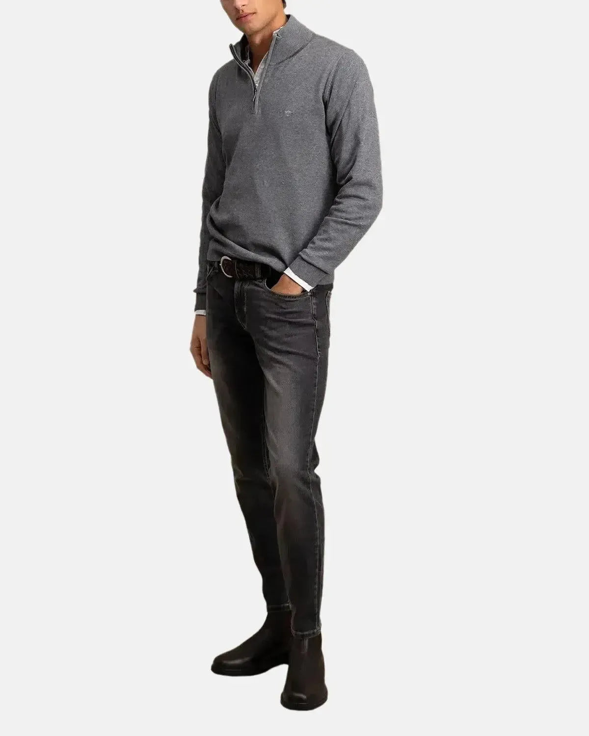 FYNCH-HATTON-FYNCH-HATTON FINE KNIT 1/4 ZIP COTTON KNIT STEEL-NORTHERN THREADS DESIGNER MENSWEAR