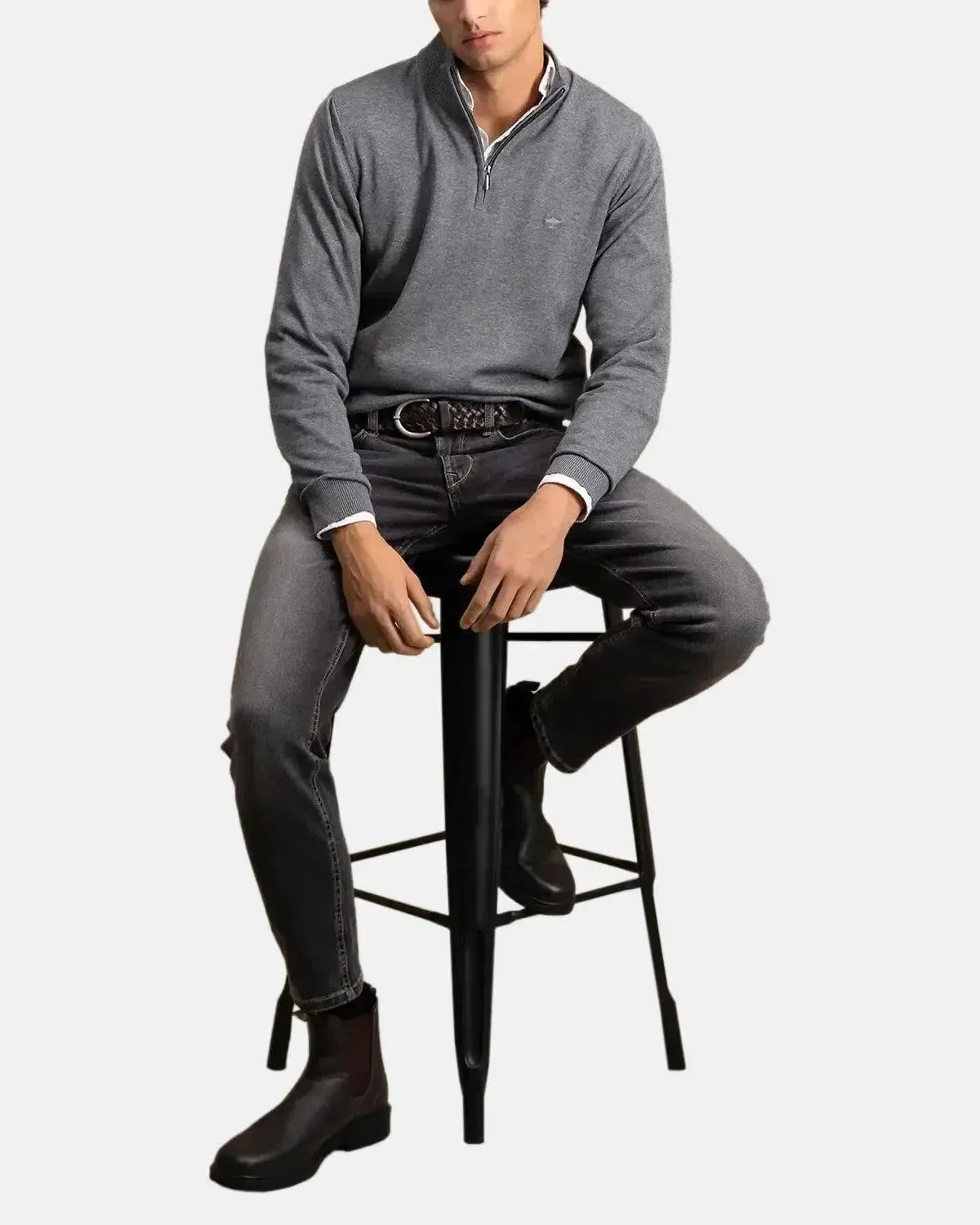 FYNCH-HATTON-FYNCH-HATTON FINE KNIT 1/4 ZIP COTTON KNIT STEEL-NORTHERN THREADS DESIGNER MENSWEAR
