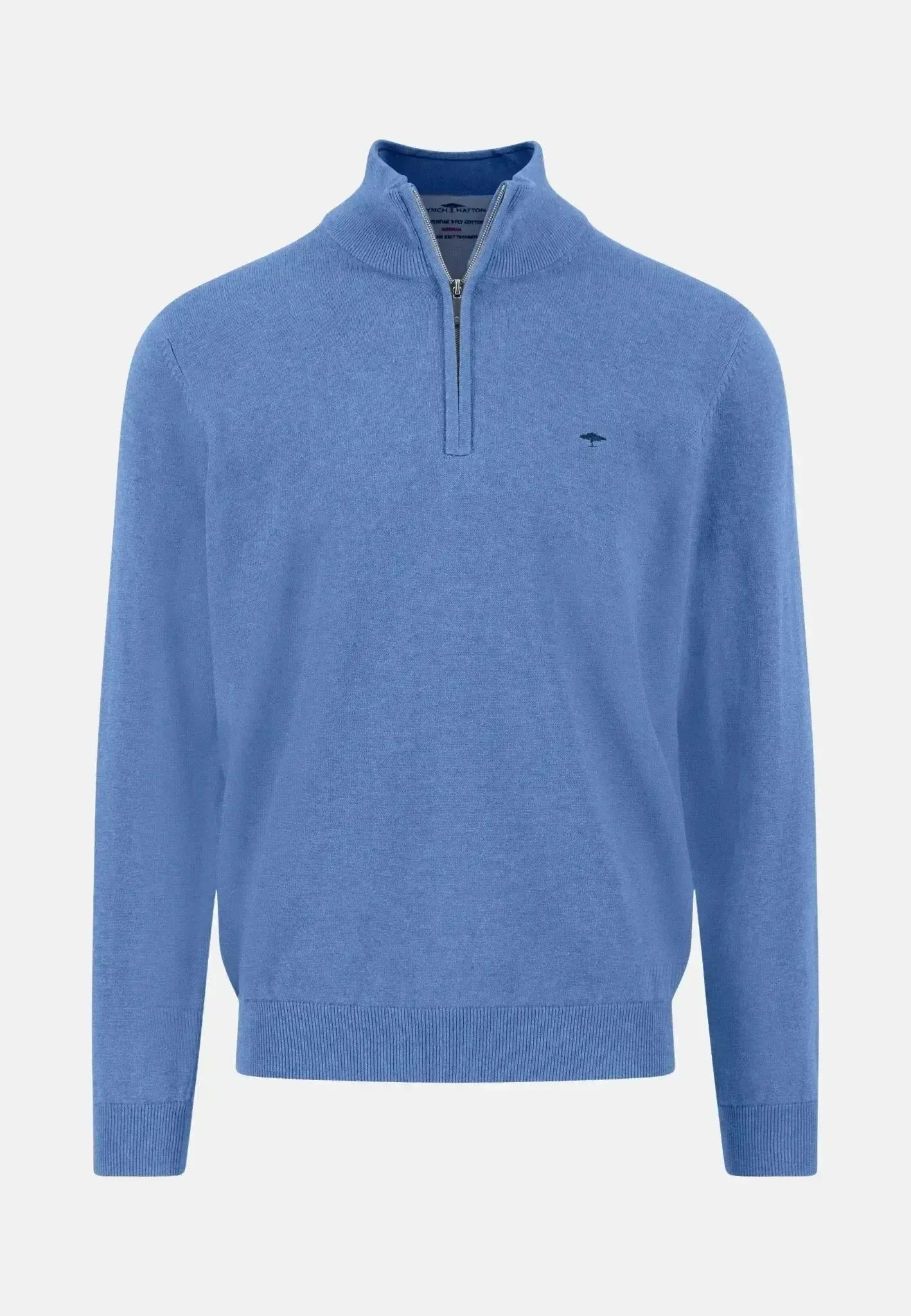 FYNCH-HATTON-Fynch-Hatton Fine Knit Cotton 1/4 Zip Crystal Blue-NORTHERN THREADS DESIGNER MENSWEAR