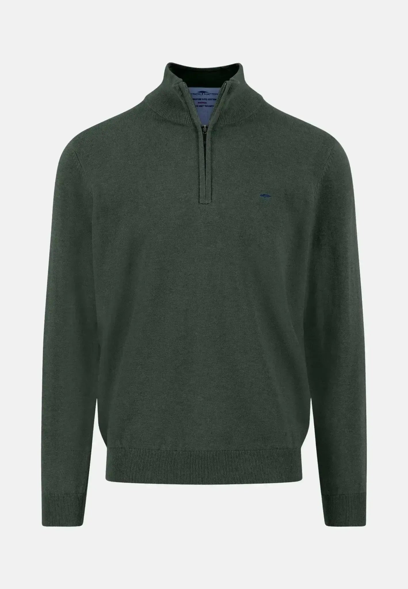 FYNCH-HATTON-Fynch-Hatton Fine Knit Cotton 1/4 Zip Dark Ivy-NORTHERN THREADS DESIGNER MENSWEAR