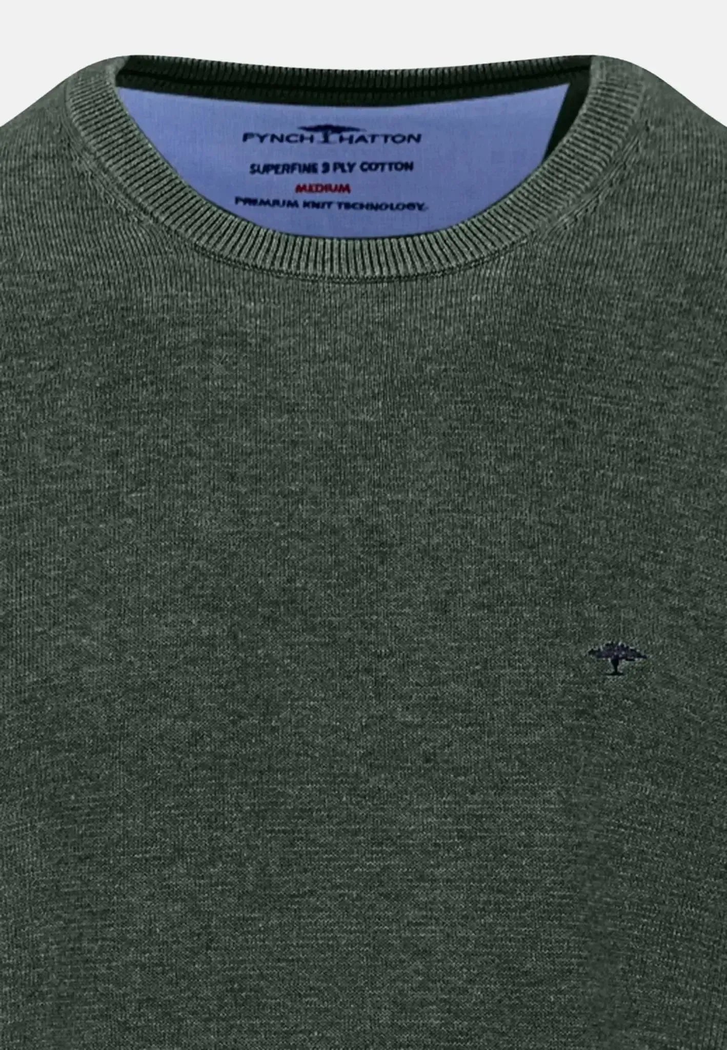 FYNCH-HATTON-Fynch-Hatton Fine Knit Cotton Crewneck Dark Ivy-NORTHERN THREADS DESIGNER MENSWEAR