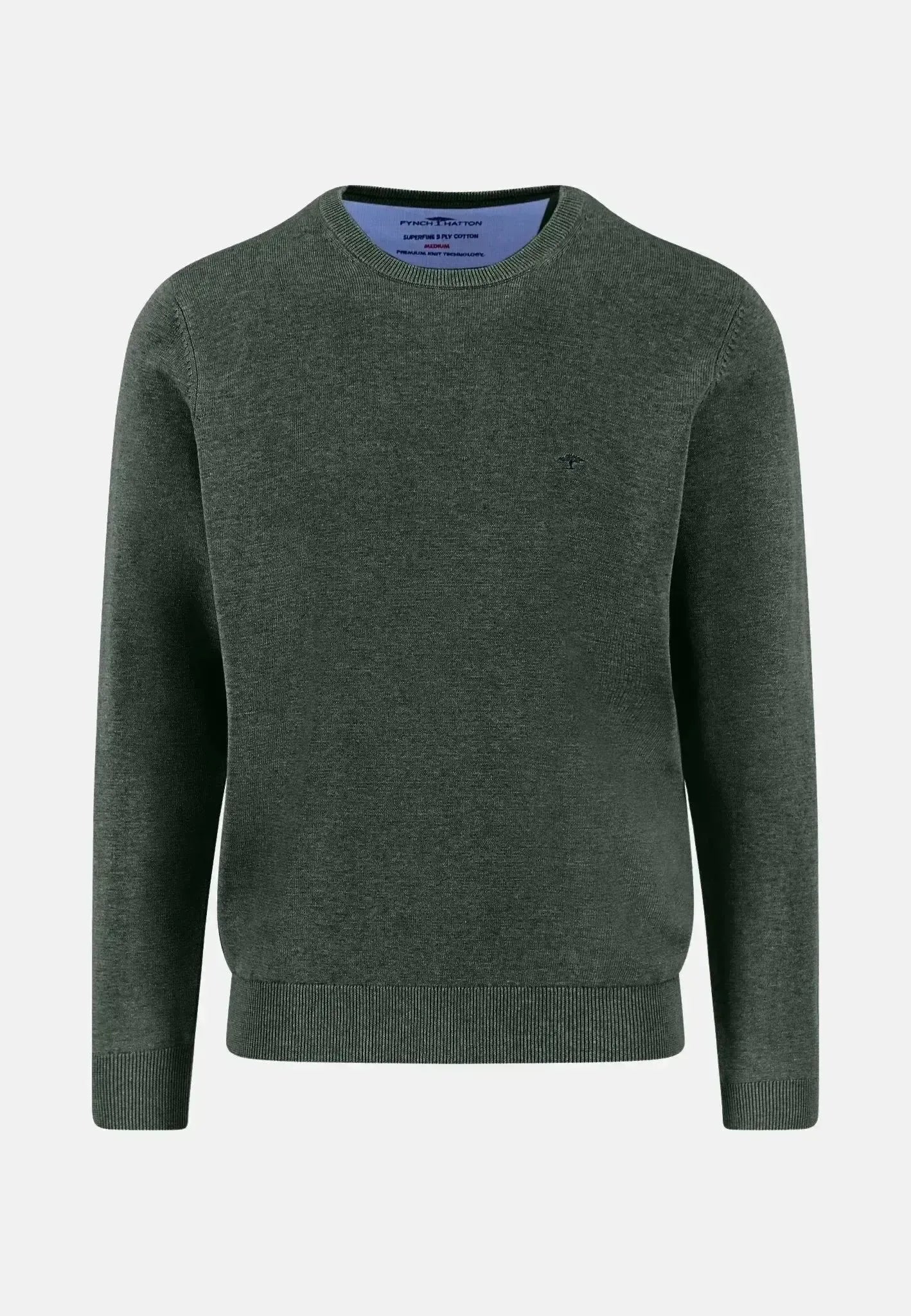 FYNCH-HATTON-Fynch-Hatton Fine Knit Cotton Crewneck Dark Ivy-NORTHERN THREADS DESIGNER MENSWEAR