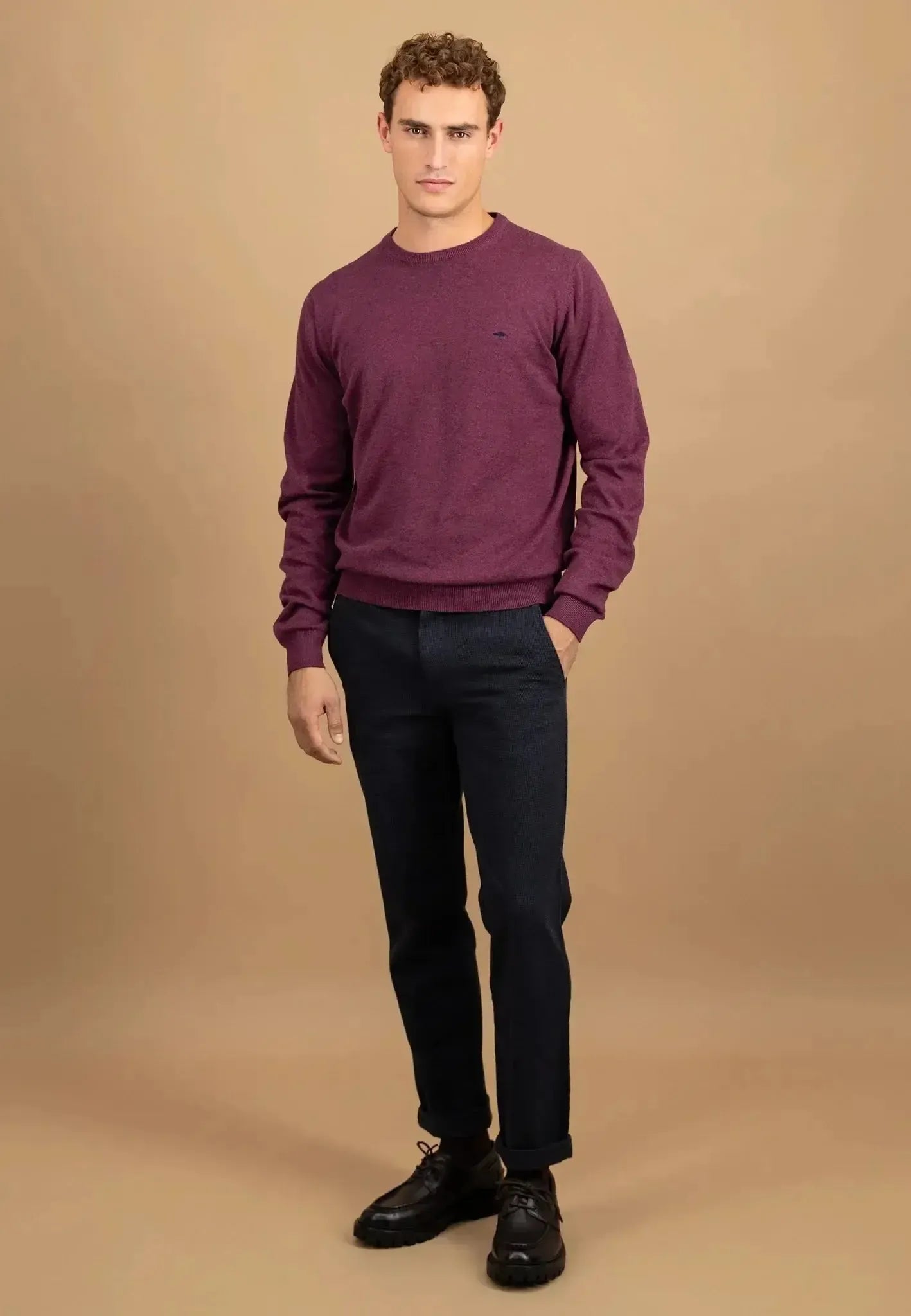FYNCH-HATTON-Fynch-Hatton Fine Knit Cotton Crewneck Deep Merlot-NORTHERN THREADS DESIGNER MENSWEAR