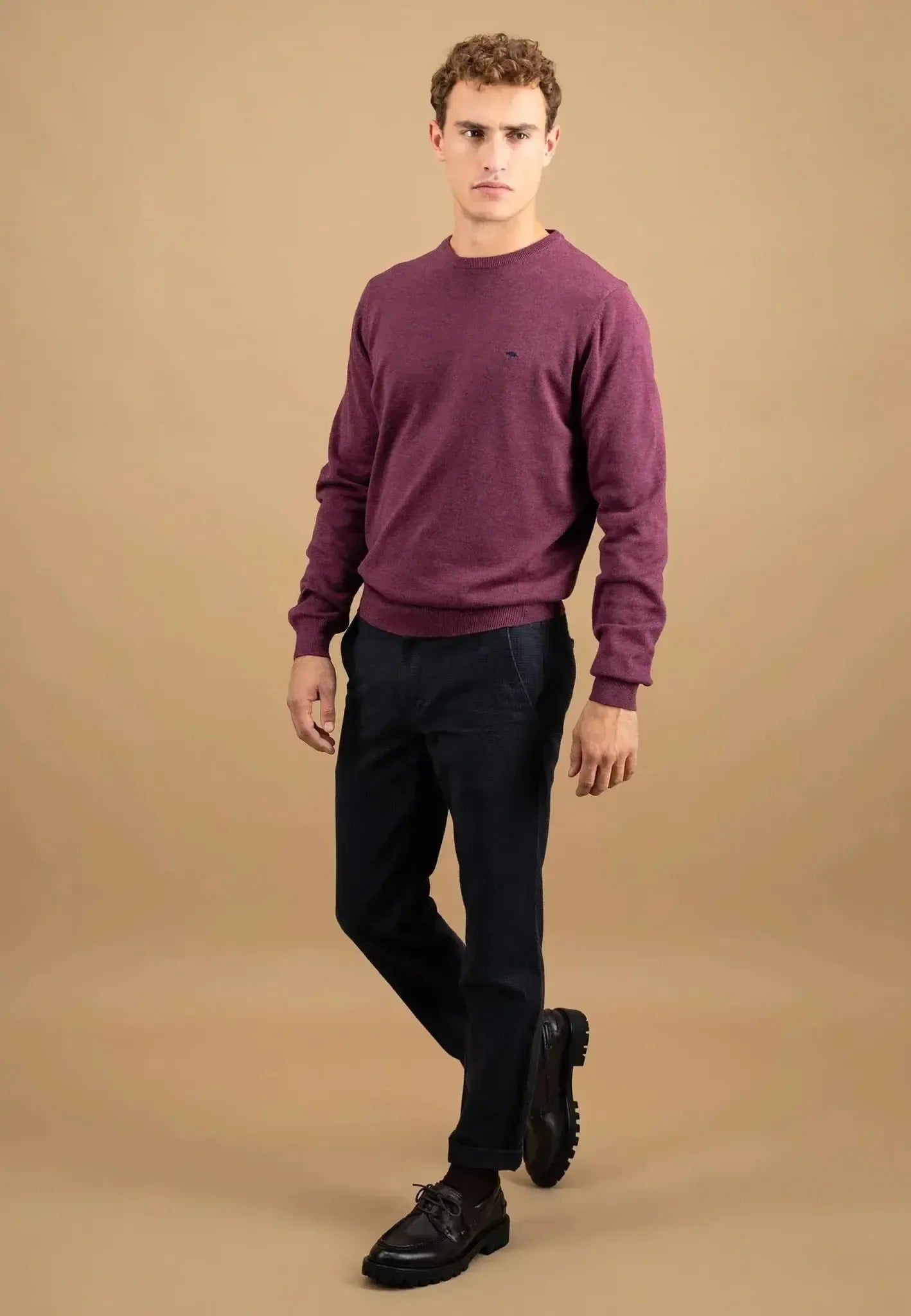 FYNCH-HATTON-Fynch-Hatton Fine Knit Cotton Crewneck Deep Merlot-NORTHERN THREADS DESIGNER MENSWEAR