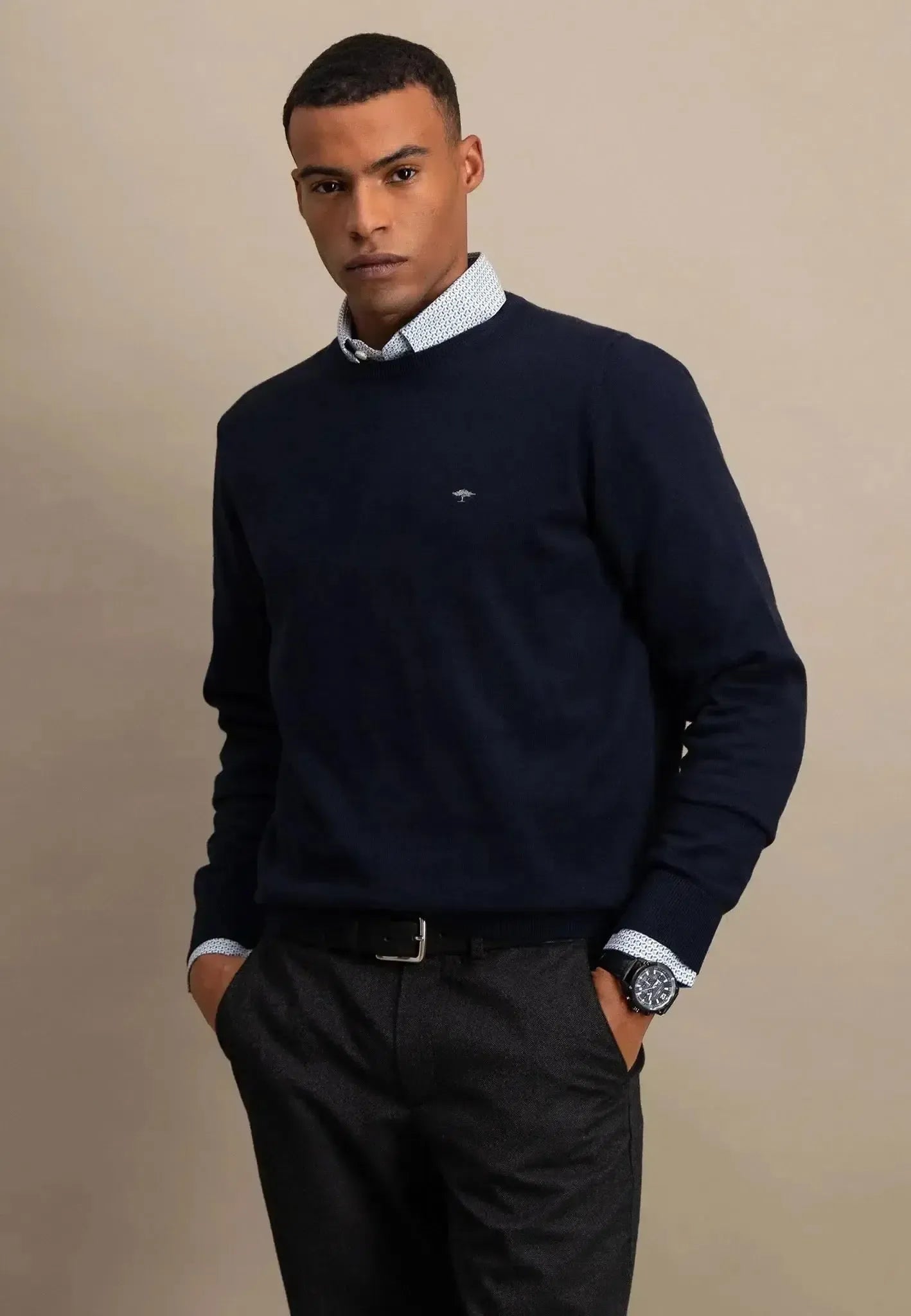 FYNCH-HATTON-Fynch-Hatton Fine Knit Cotton Crewneck Navy-NORTHERN THREADS DESIGNER MENSWEAR