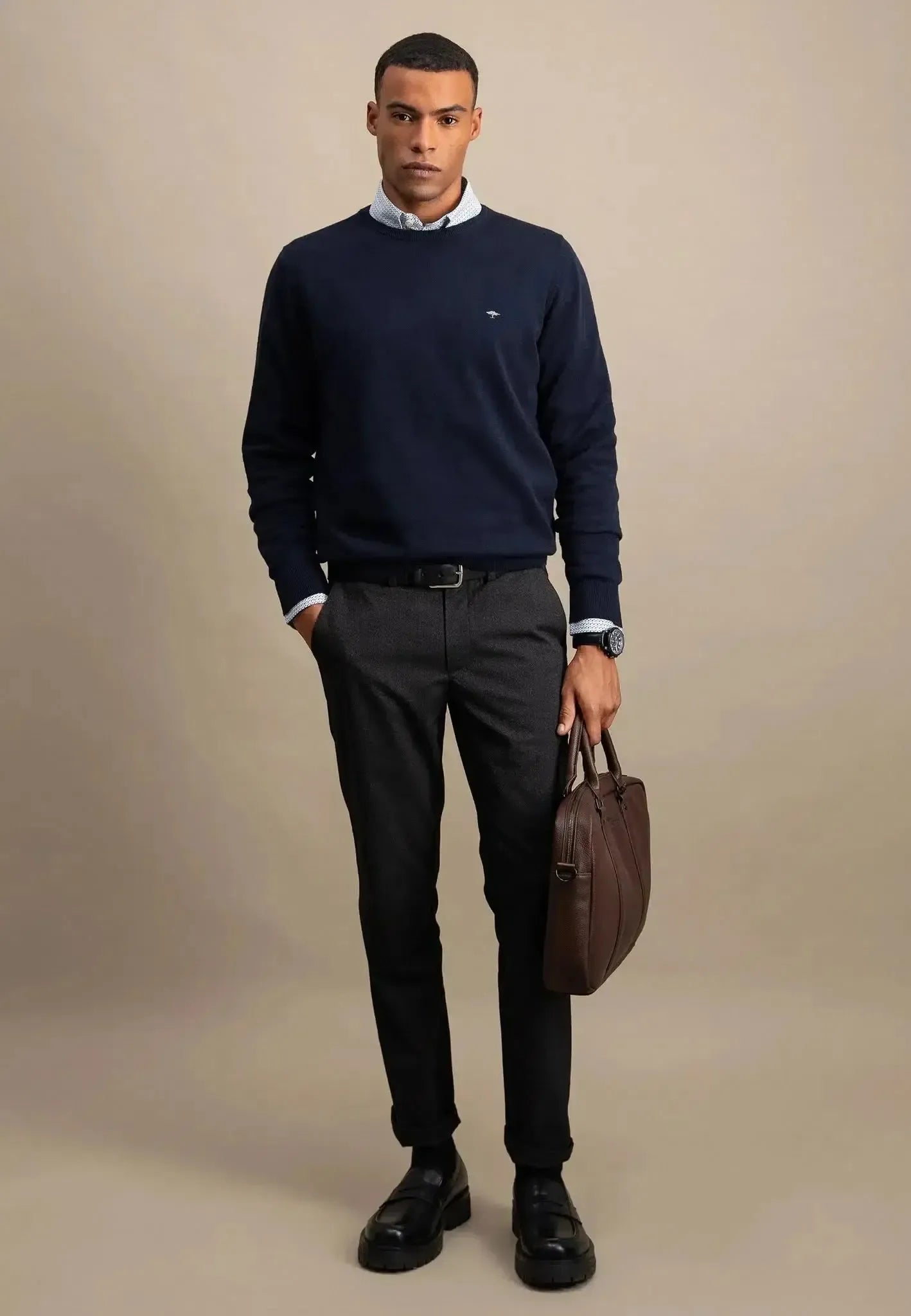 FYNCH-HATTON-Fynch-Hatton Fine Knit Cotton Crewneck Navy-NORTHERN THREADS DESIGNER MENSWEAR