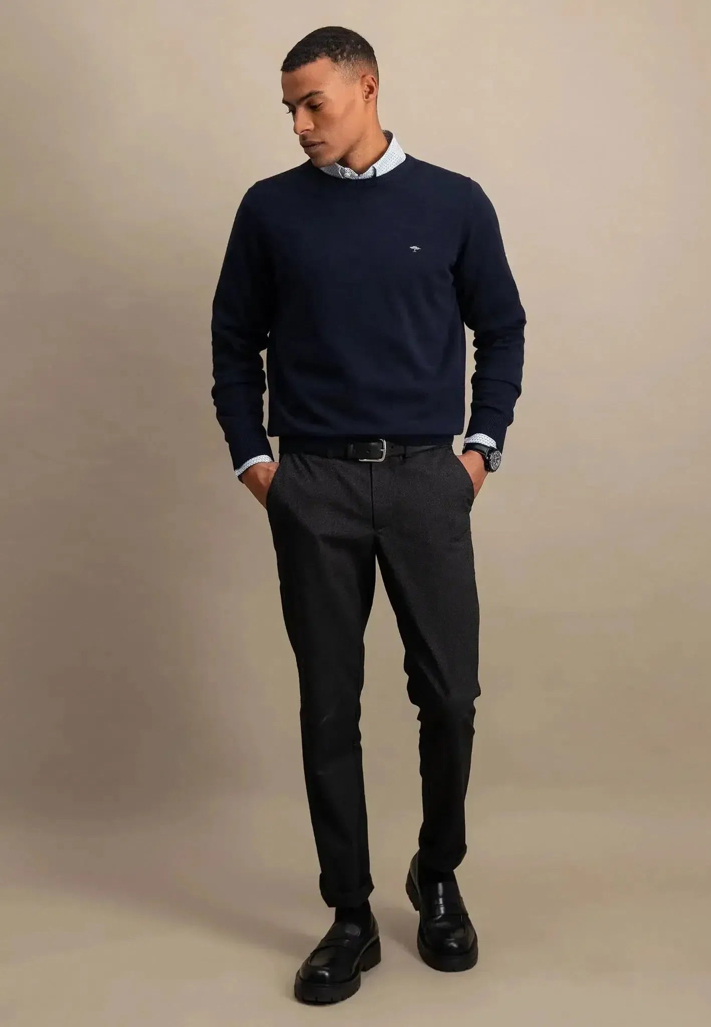FYNCH-HATTON-Fynch-Hatton Fine Knit Cotton Crewneck Navy-NORTHERN THREADS DESIGNER MENSWEAR
