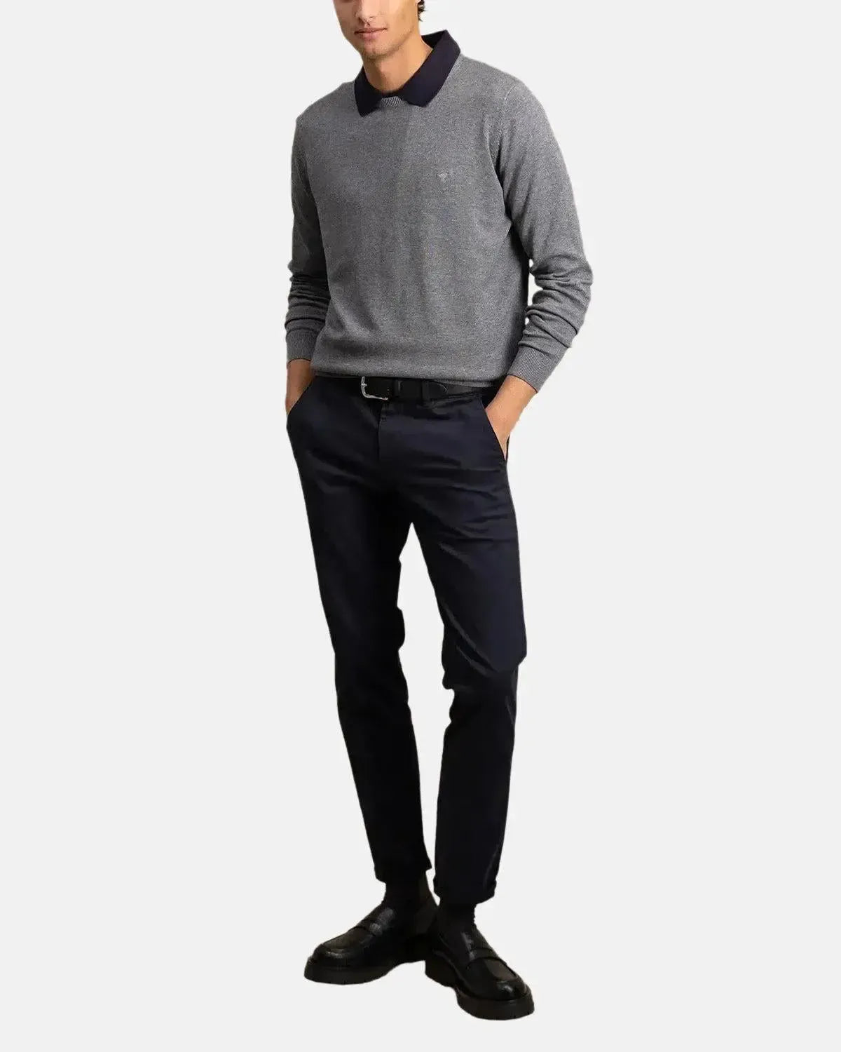 FYNCH-HATTON-FYNCH-HATTON FINE KNIT CREWNECK COTTON KNIT STEEL-NORTHERN THREADS DESIGNER MENSWEAR