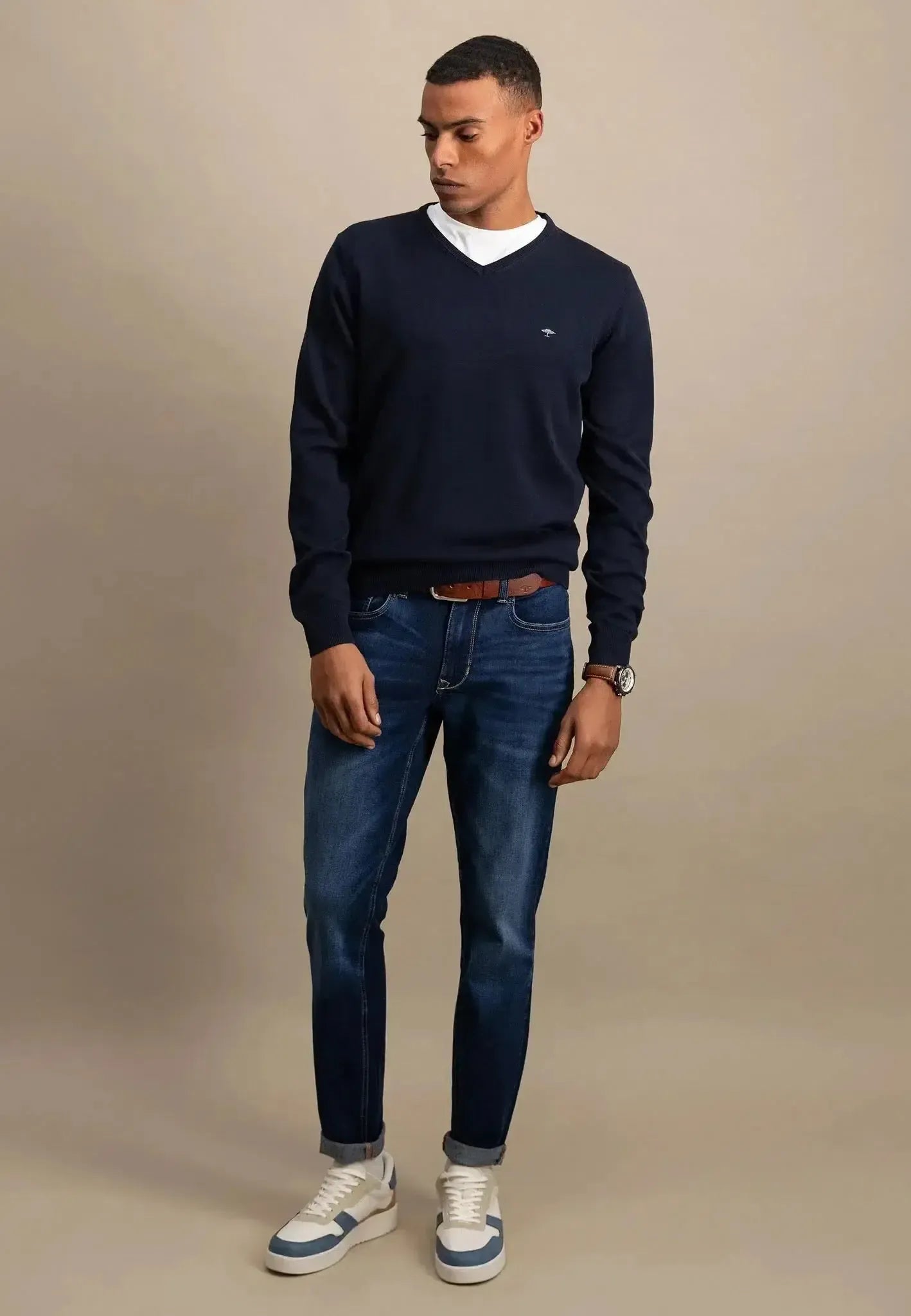 FYNCH-HATTON-Fynch-Hatton Fine Knit V-Neck Cotton Knit Navy-NORTHERN THREADS DESIGNER MENSWEAR