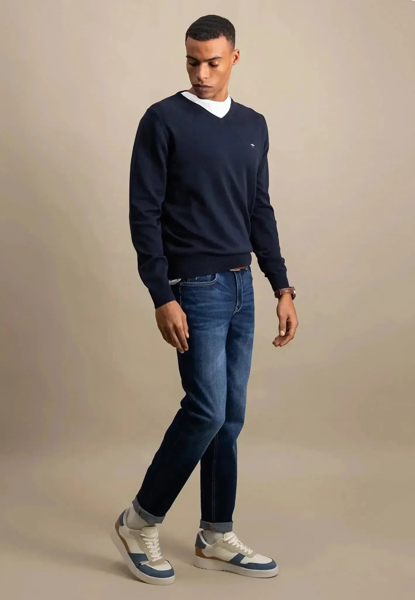 FYNCH-HATTON-Fynch-Hatton Fine Knit V-Neck Cotton Knit Navy-NORTHERN THREADS DESIGNER MENSWEAR