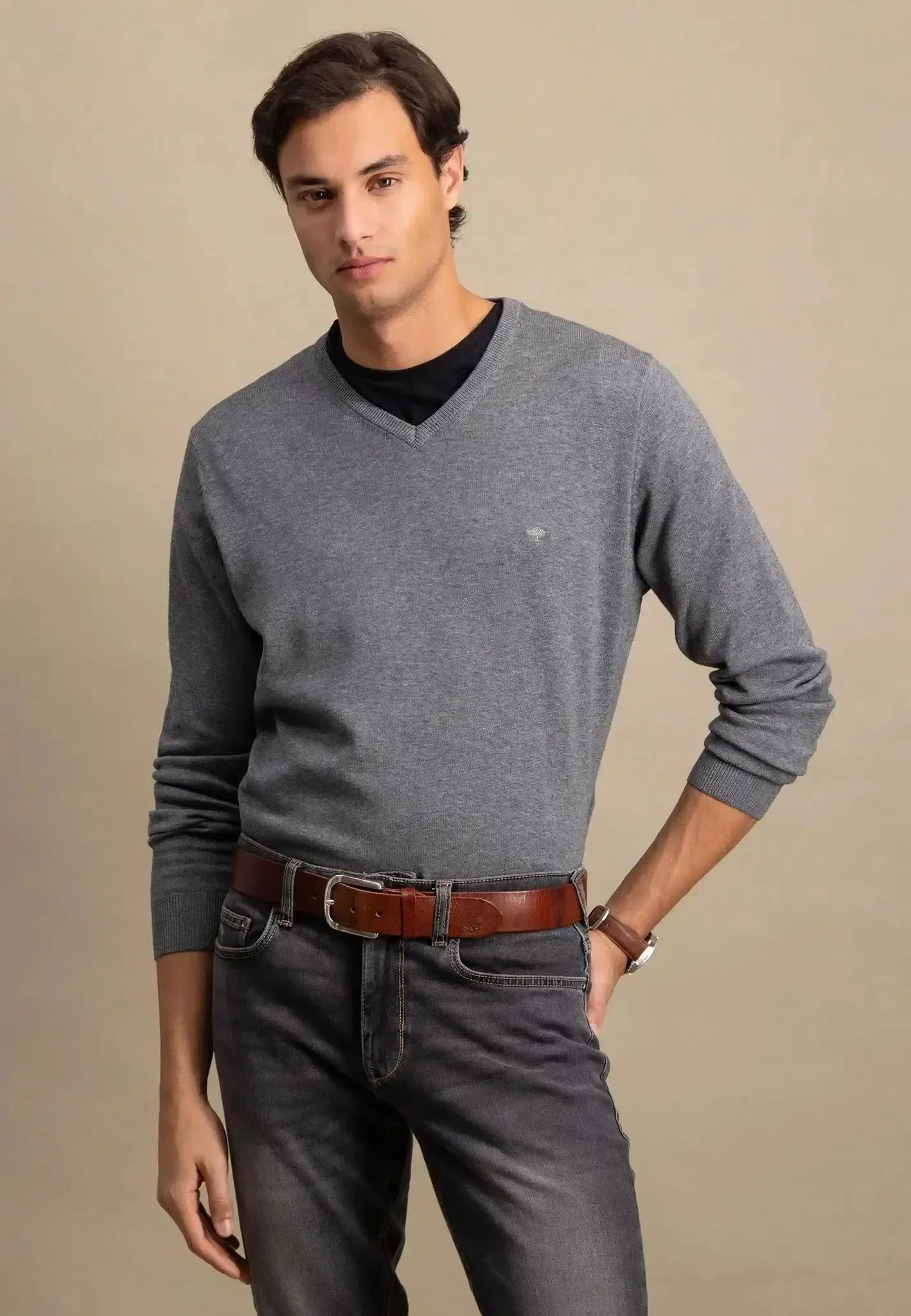 FYNCH-HATTON-Fynch-Hatton Fine Knit V-Neck Cotton Knit Steel-NORTHERN THREADS DESIGNER MENSWEAR
