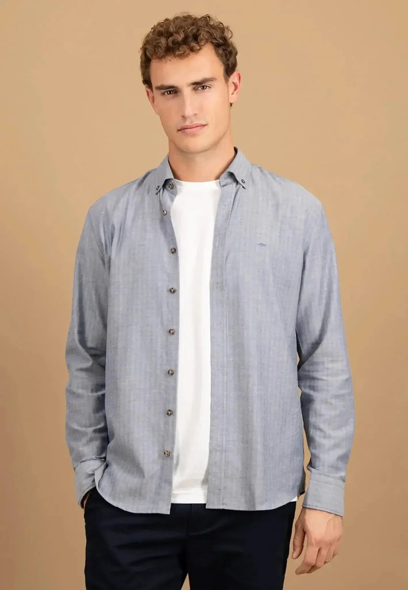 FYNCH-HATTON-Fynch-Hatton Herringbone Flannel Button Down Shirt Navy-NORTHERN THREADS DESIGNER MENSWEAR