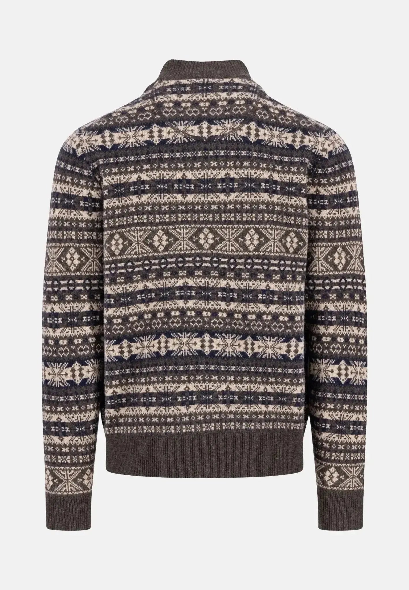 FYNCH-HATTON-Fynch-Hatton Lambswool Jacquard 1/4 Zip Knit Dark Chocolate-NORTHERN THREADS DESIGNER MENSWEAR