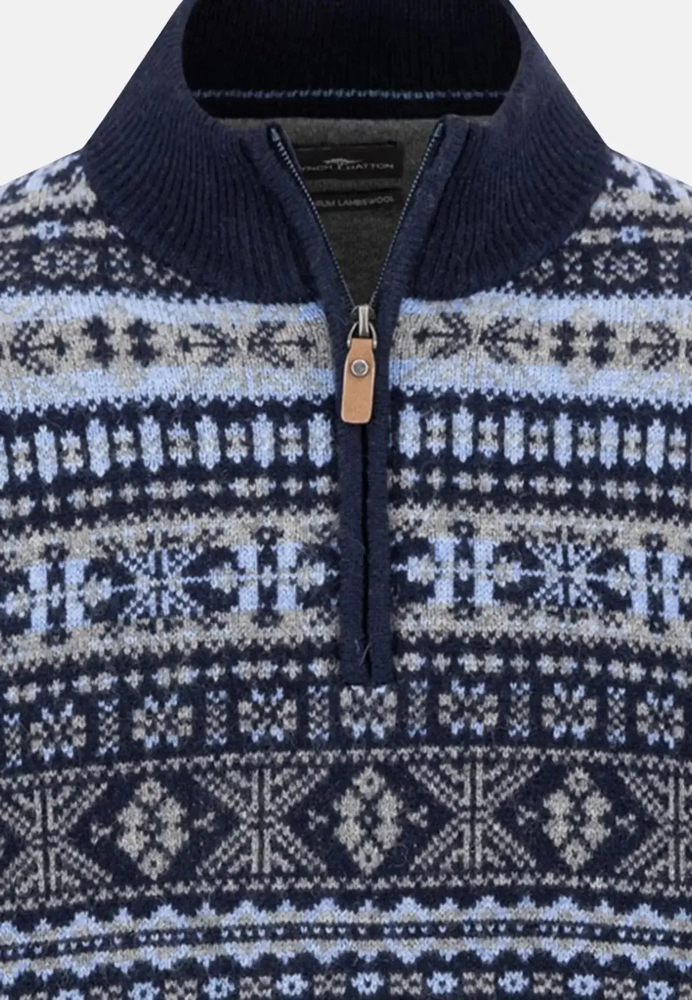 FYNCH-HATTON-Fynch-Hatton Lambswool Jacquard 1/4 Zip Knit Navy-NORTHERN THREADS DESIGNER MENSWEAR