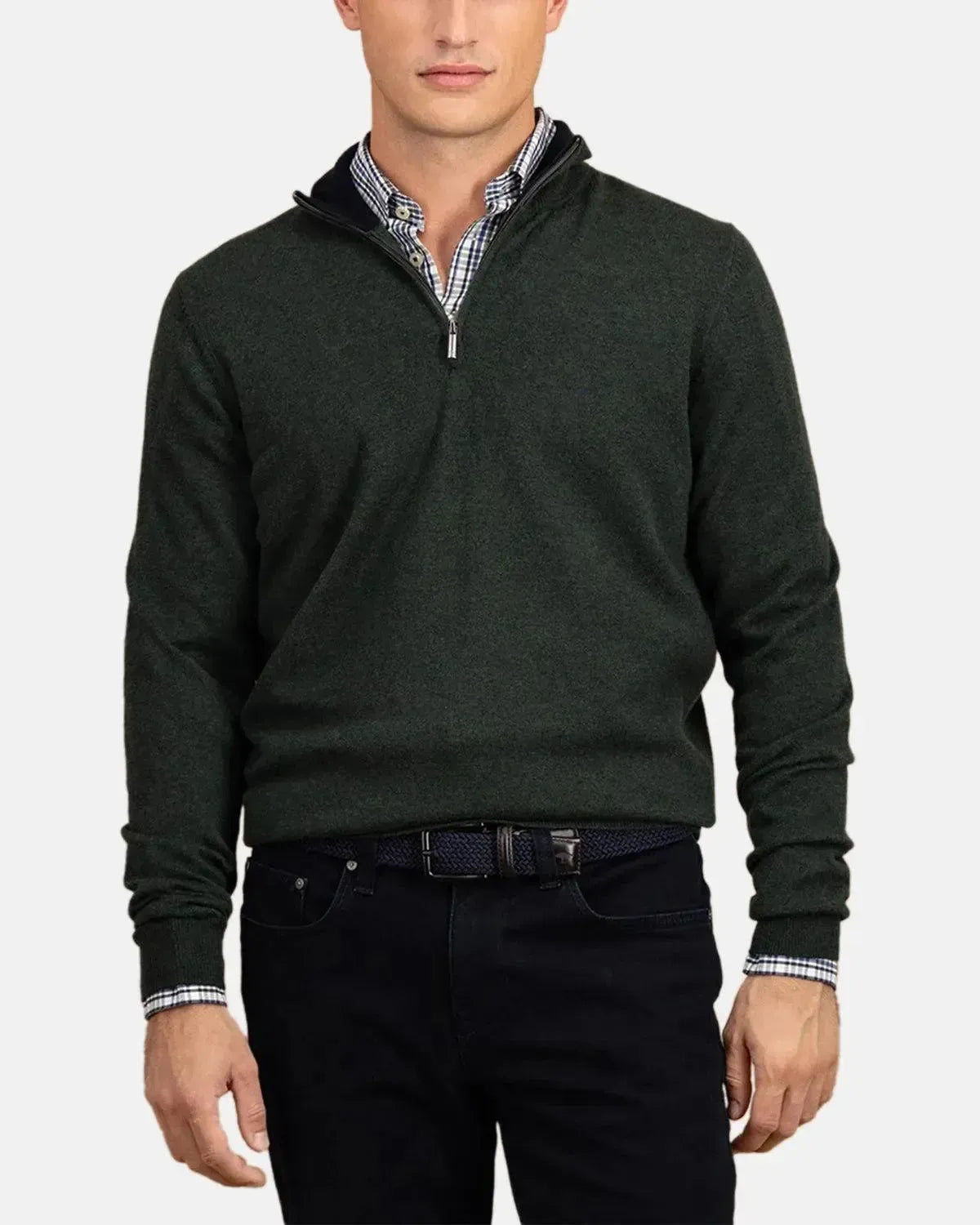 FYNCH-HATTON-FYNCH-HATTON MERINO WOOL CASHMERE 1/4 ZIP KNIT DARK IVY-NORTHERN THREADS DESIGNER MENSWEAR