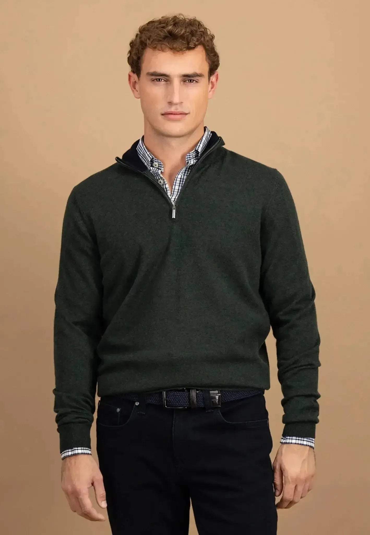 FYNCH-HATTON-Fynch-Hatton Merino Wool Cashmere 1/4 Zip Knit Dark Ivy-NORTHERN THREADS DESIGNER MENSWEAR