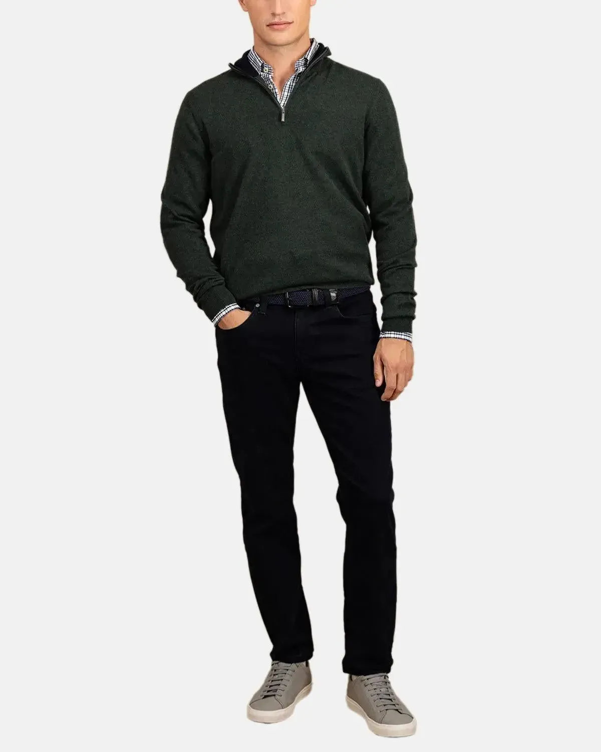 FYNCH-HATTON-FYNCH-HATTON MERINO WOOL CASHMERE 1/4 ZIP KNIT DARK IVY-NORTHERN THREADS DESIGNER MENSWEAR