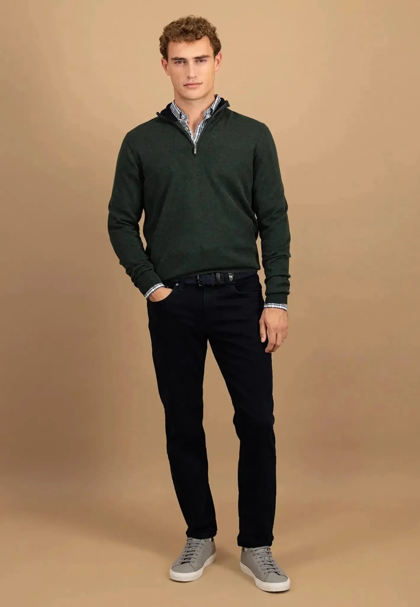 FYNCH-HATTON-Fynch-Hatton Merino Wool Cashmere 1/4 Zip Knit Dark Ivy-NORTHERN THREADS DESIGNER MENSWEAR