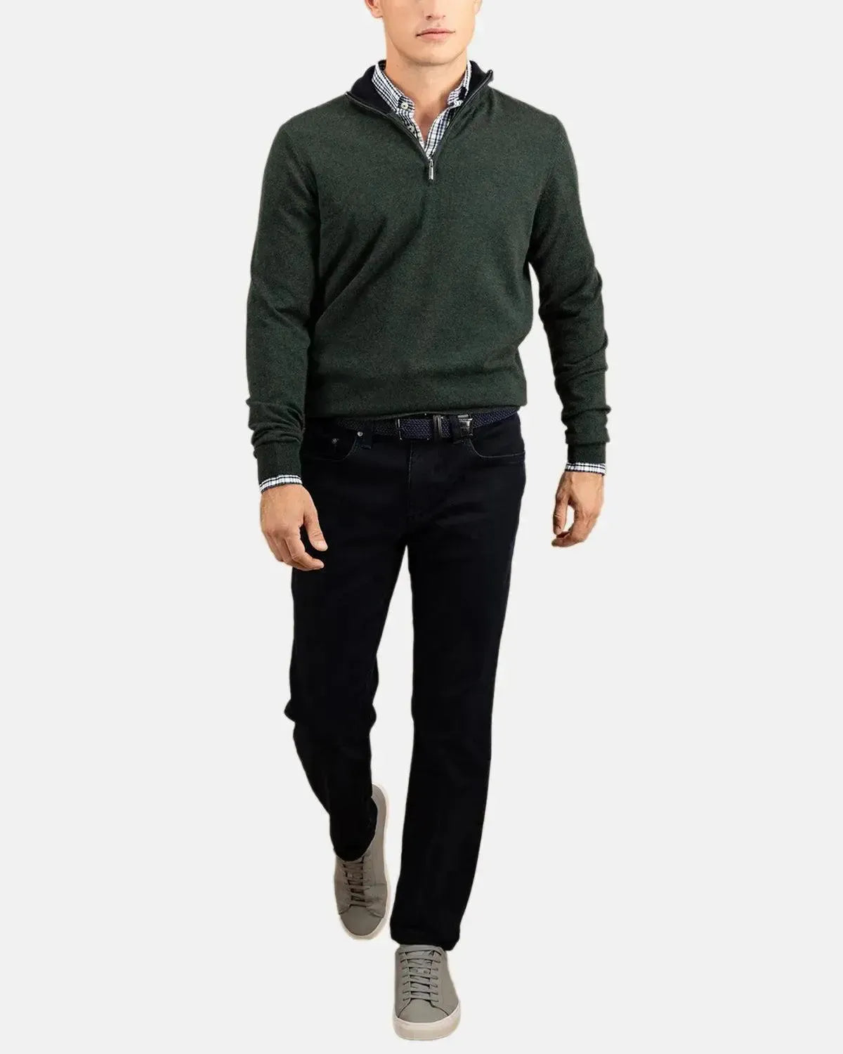 FYNCH-HATTON-FYNCH-HATTON MERINO WOOL CASHMERE 1/4 ZIP KNIT DARK IVY-NORTHERN THREADS DESIGNER MENSWEAR