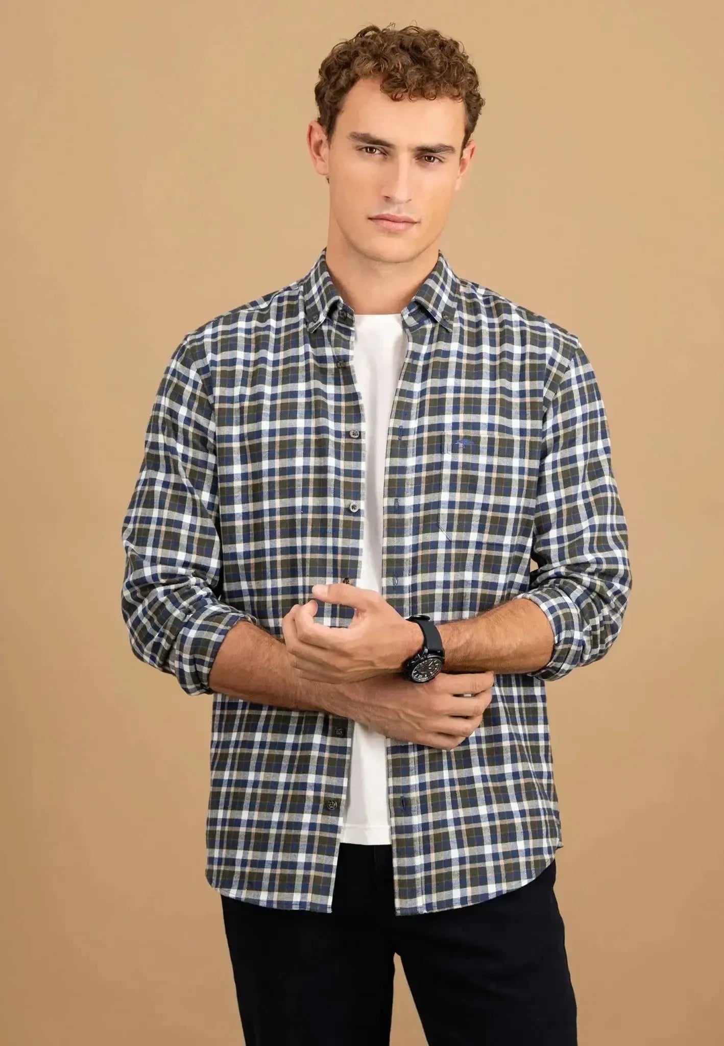 FYNCH-HATTON-Fynch-Hatton Premium Flannel Check Button Down Shirt Dark Ivy-NORTHERN THREADS DESIGNER MENSWEAR