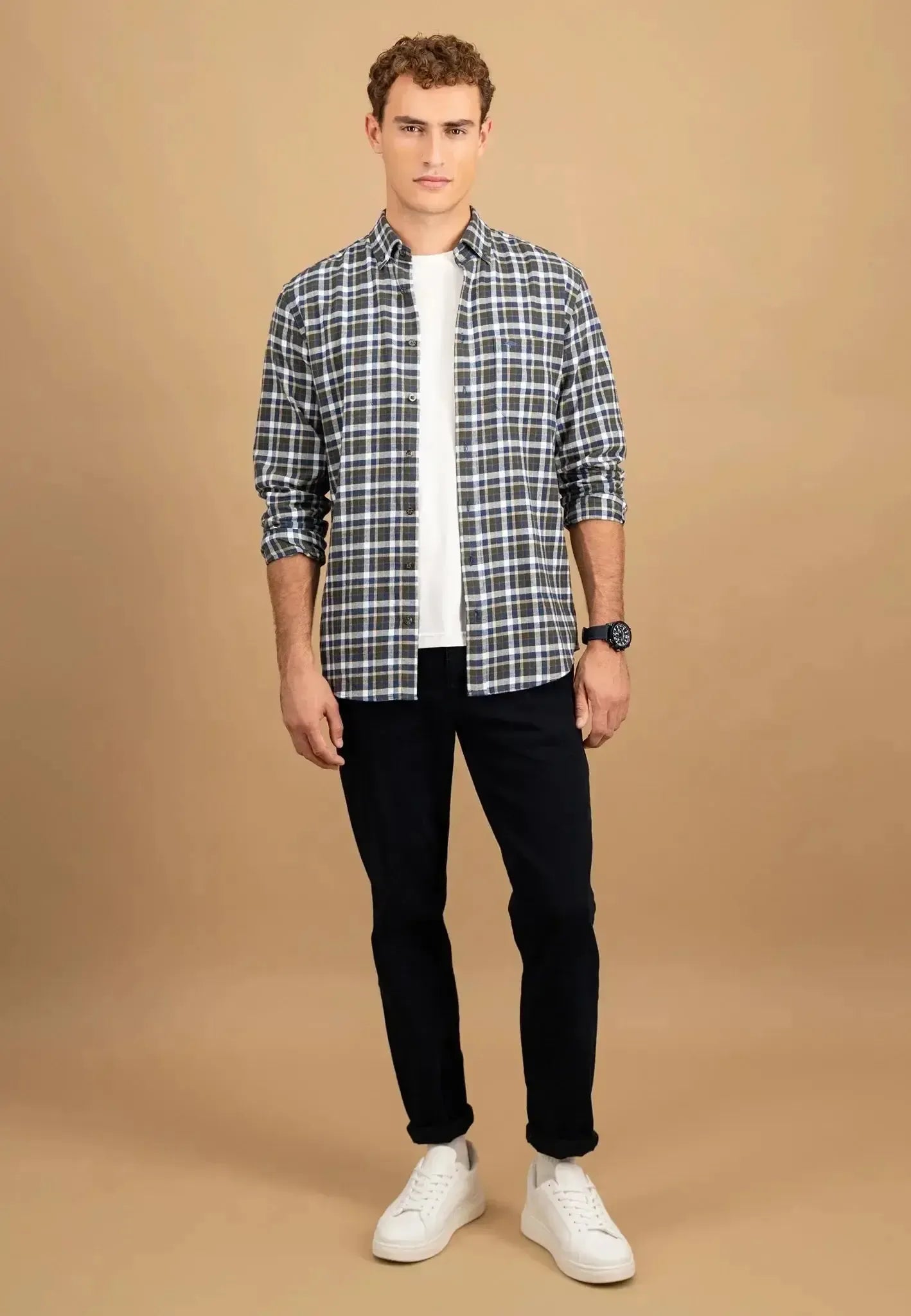 FYNCH-HATTON-Fynch-Hatton Premium Flannel Check Button Down Shirt Dark Ivy-NORTHERN THREADS DESIGNER MENSWEAR