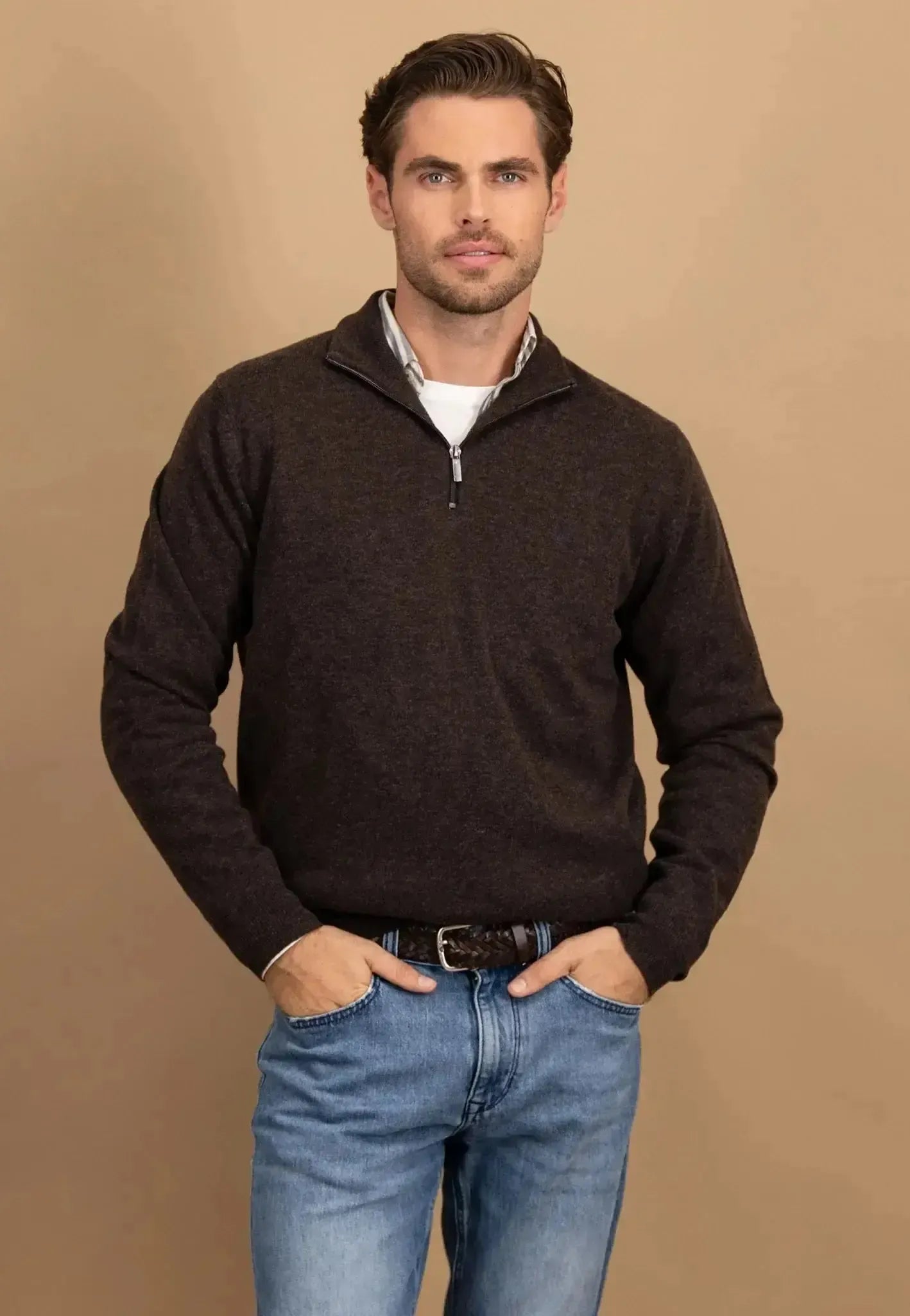 FYNCH-HATTON-Fynch-Hatton Pure Lambswool 1/4 Zip Knit Dark Chocolate-NORTHERN THREADS DESIGNER MENSWEAR