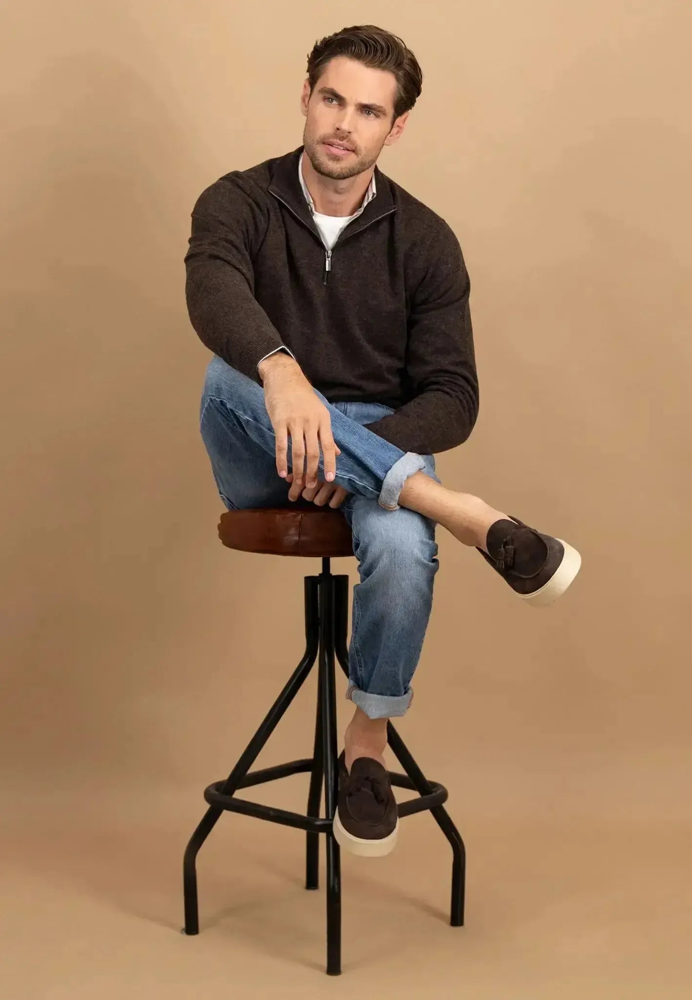 FYNCH-HATTON-Fynch-Hatton Pure Lambswool 1/4 Zip Knit Dark Chocolate-NORTHERN THREADS DESIGNER MENSWEAR