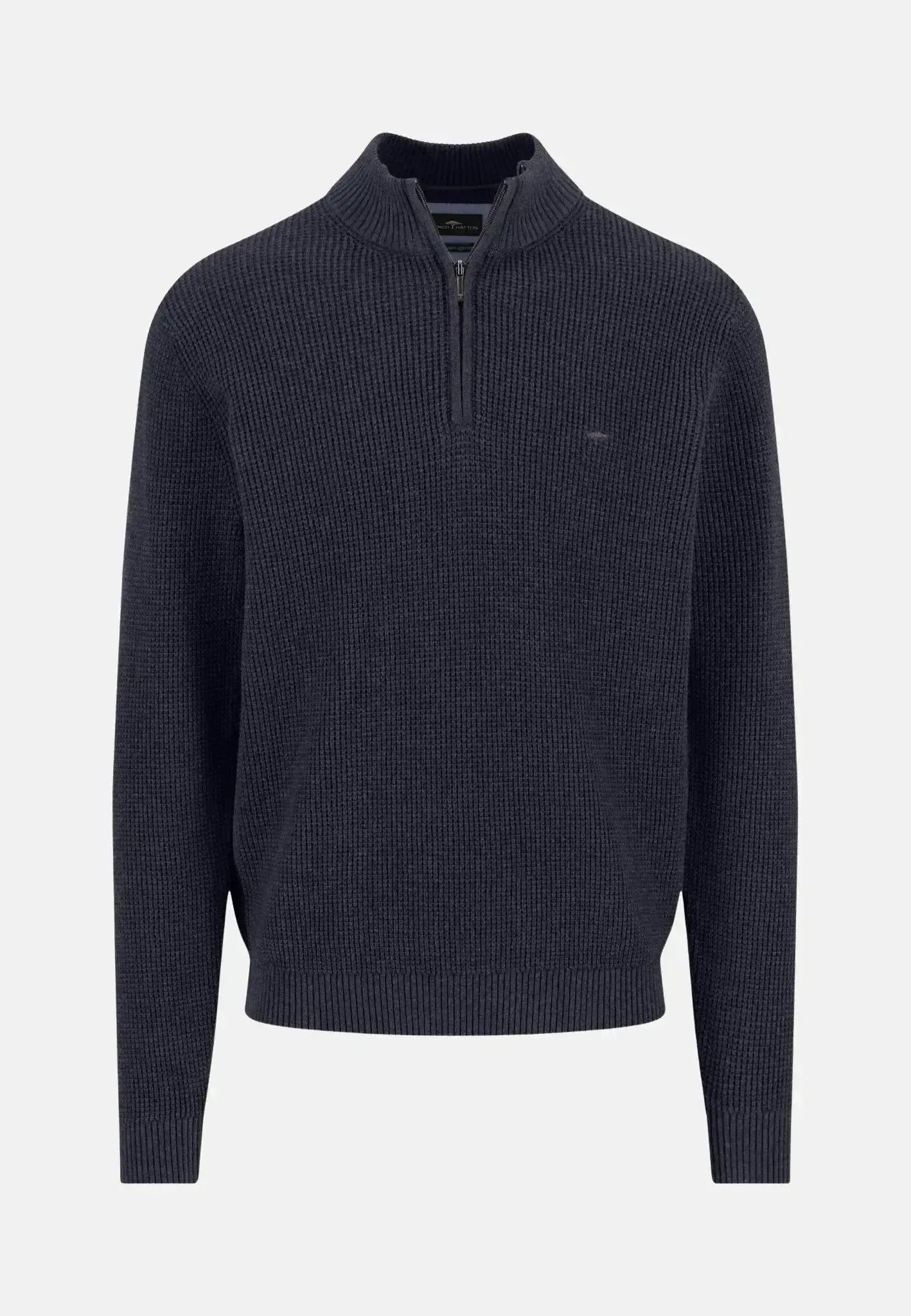 FYNCH-HATTON-Fynch-Hatton Structured Cotton 1/4 Zip Knit Navy-NORTHERN THREADS DESIGNER MENSWEAR