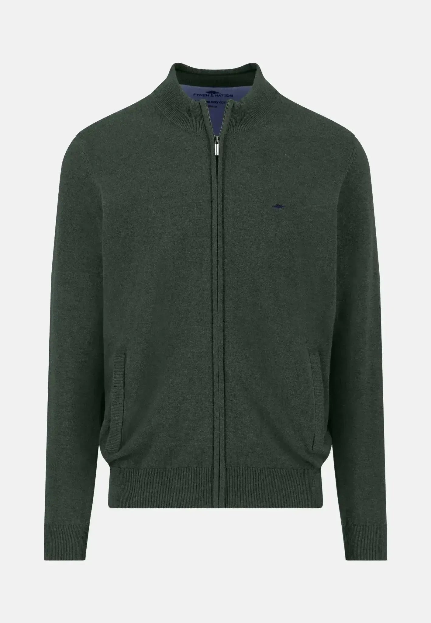 FYNCH-HATTON-Fynch-Hatton Superfine Stand-Up Cardigan Dark Ivy-NORTHERN THREADS DESIGNER MENSWEAR